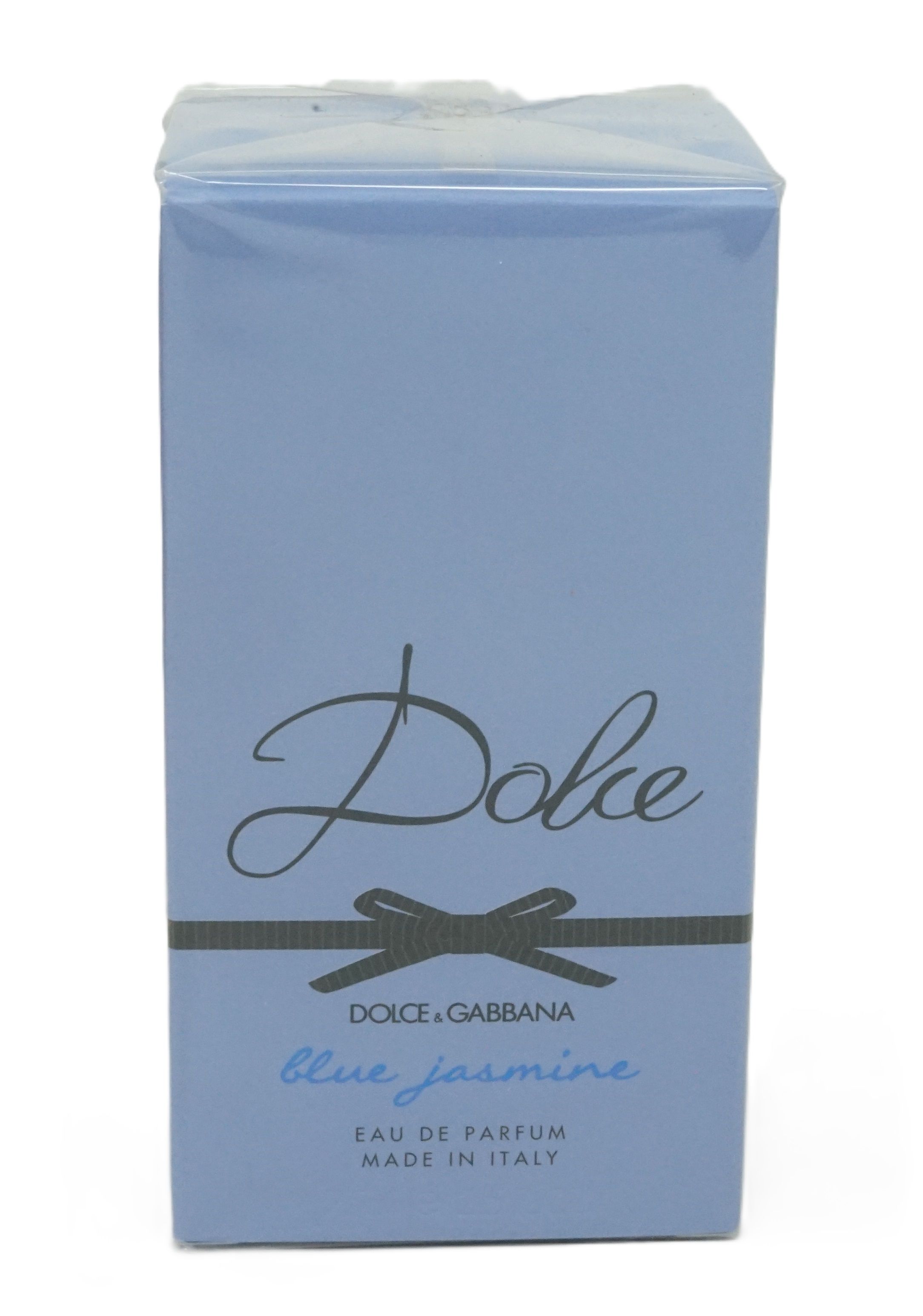 Hellblaue Schachtel mit Dolce & Gabbana Dolce Blue Jasmine Eau de Parfum. Schwarze Schleife und Schriftzug.