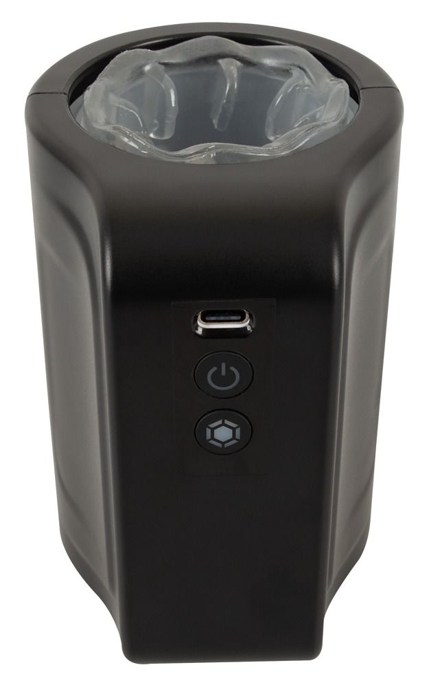 Schwarzes, zylindrisches Gerät mit USB-Anschluss und Bedienelementen. Innen transparentes Material sichtbar.