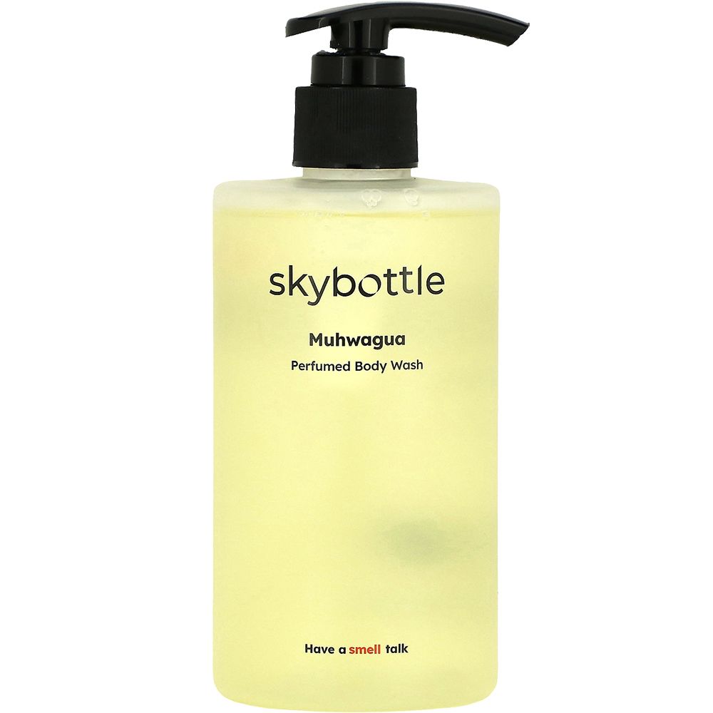 Eine rechteckige Flasche SKYBOTTLE Muhwagua Duschgel mit schwarzem Spender. Aufschrift: Muhwagua, Perfumed Body Wash. Unter: Have a smell talk.