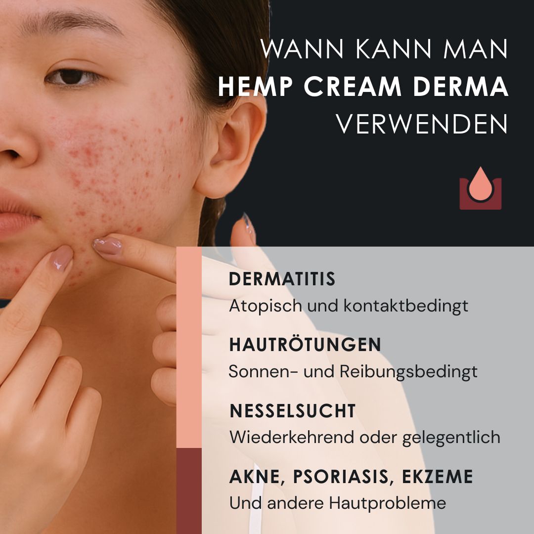 Frau berührt ihr Gesicht. Text: Wann kann man HEMP CREAM DERMA verwenden? Text: Dermatitis, Hautrötungen, Nesselsucht, Akne, Psoriasis, Ekzeme.