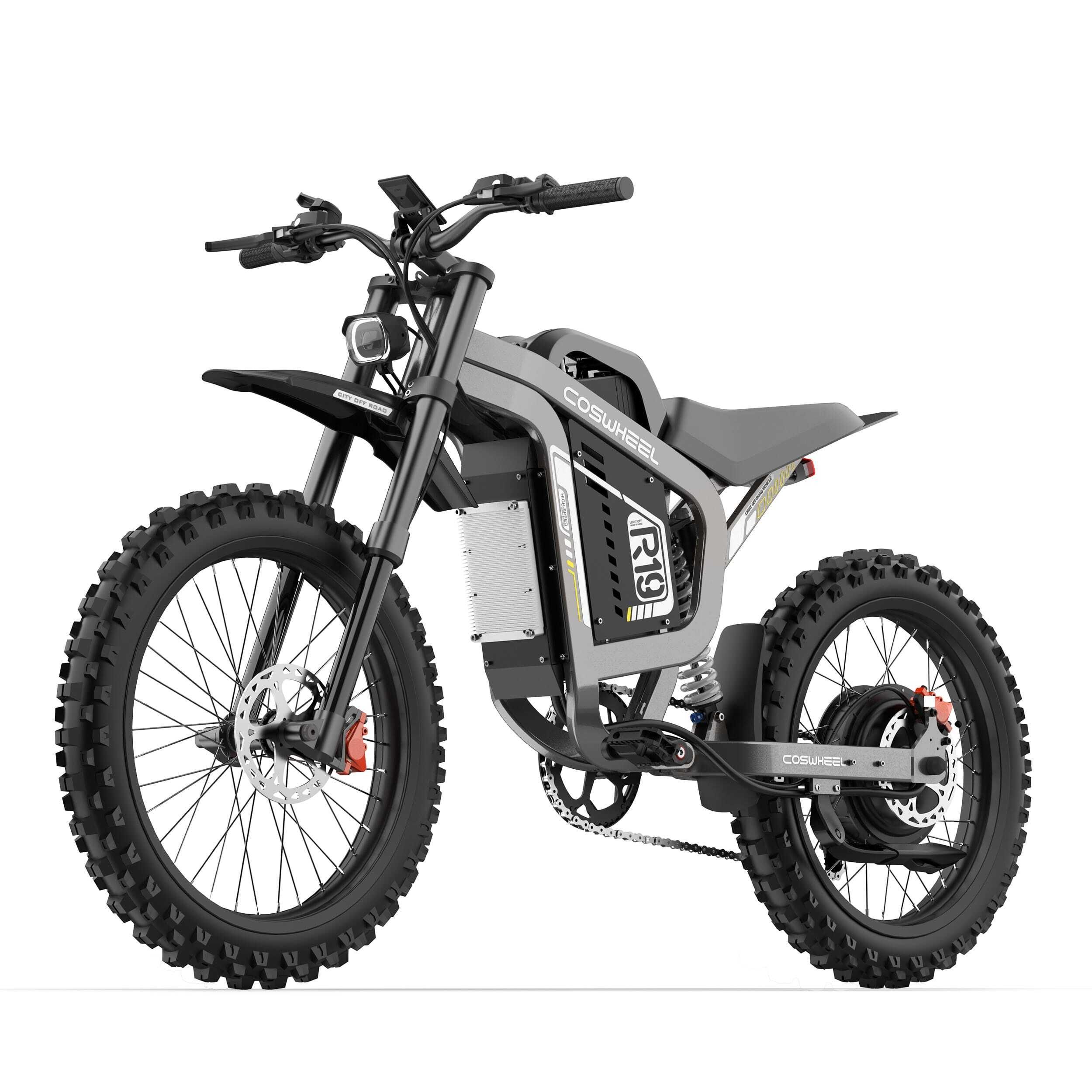 Graues COSWHEEL R19 Elektro-Dirtbike. Seitenansicht. Schwarze Reifen, Lenker, Akku-Gehäuse, R19-Logo.