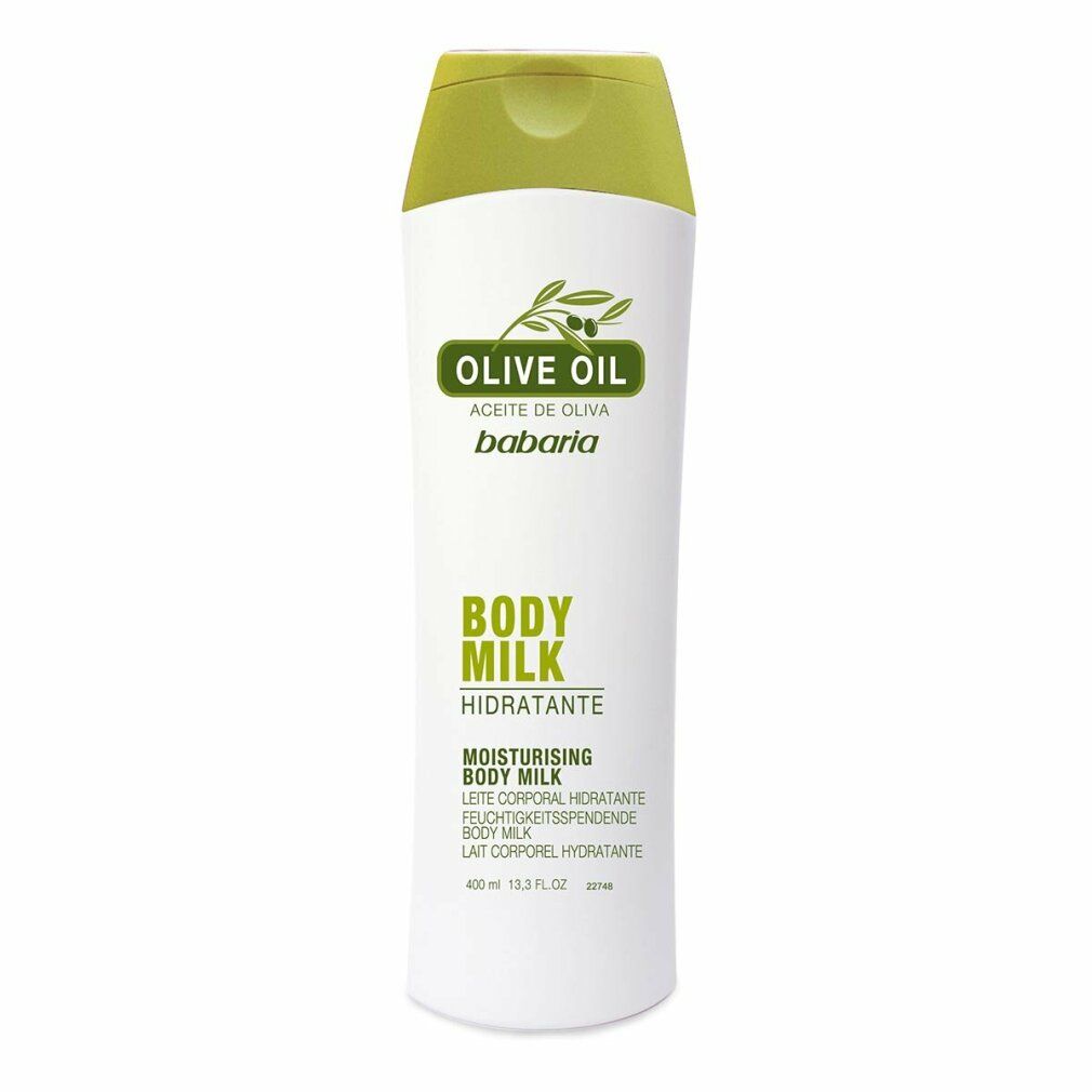 Weiße Flasche mit grünem Deckel. Aufschrift: Olive Oil, Babaria, Body Milk, Moisturising Body Milk. Olivenzweig-Logo.