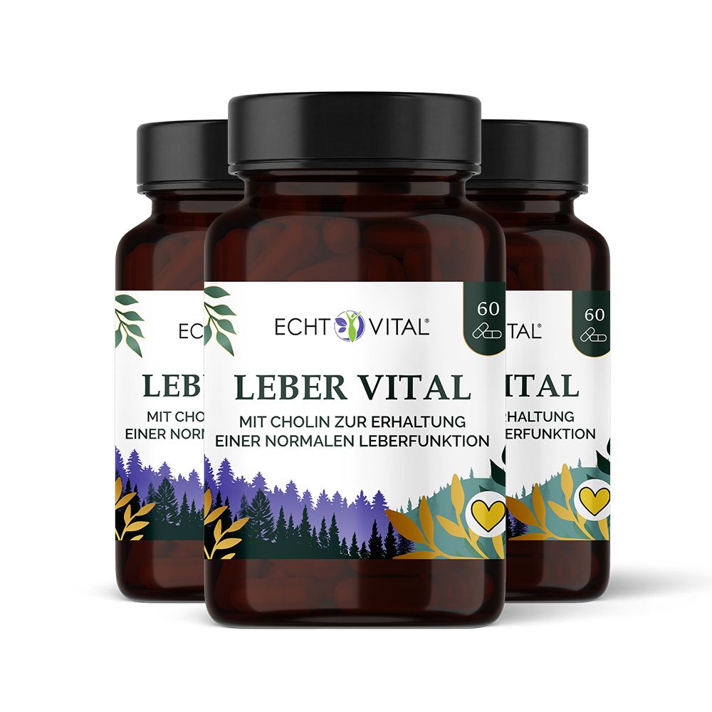 Drei braune Glasflaschen mit schwarzem Deckel. Etikett mit Produktnamen. 60 Kapseln. Text: Leber Vital.