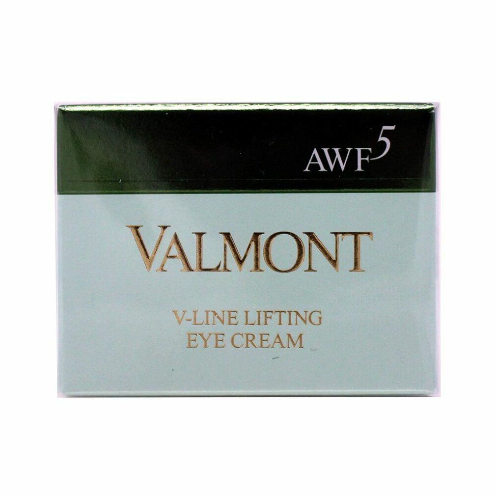 Verpackung von Valmont v-Line Lifting Eye Cream. Grün-weiße Farben. AWF5-Logo.