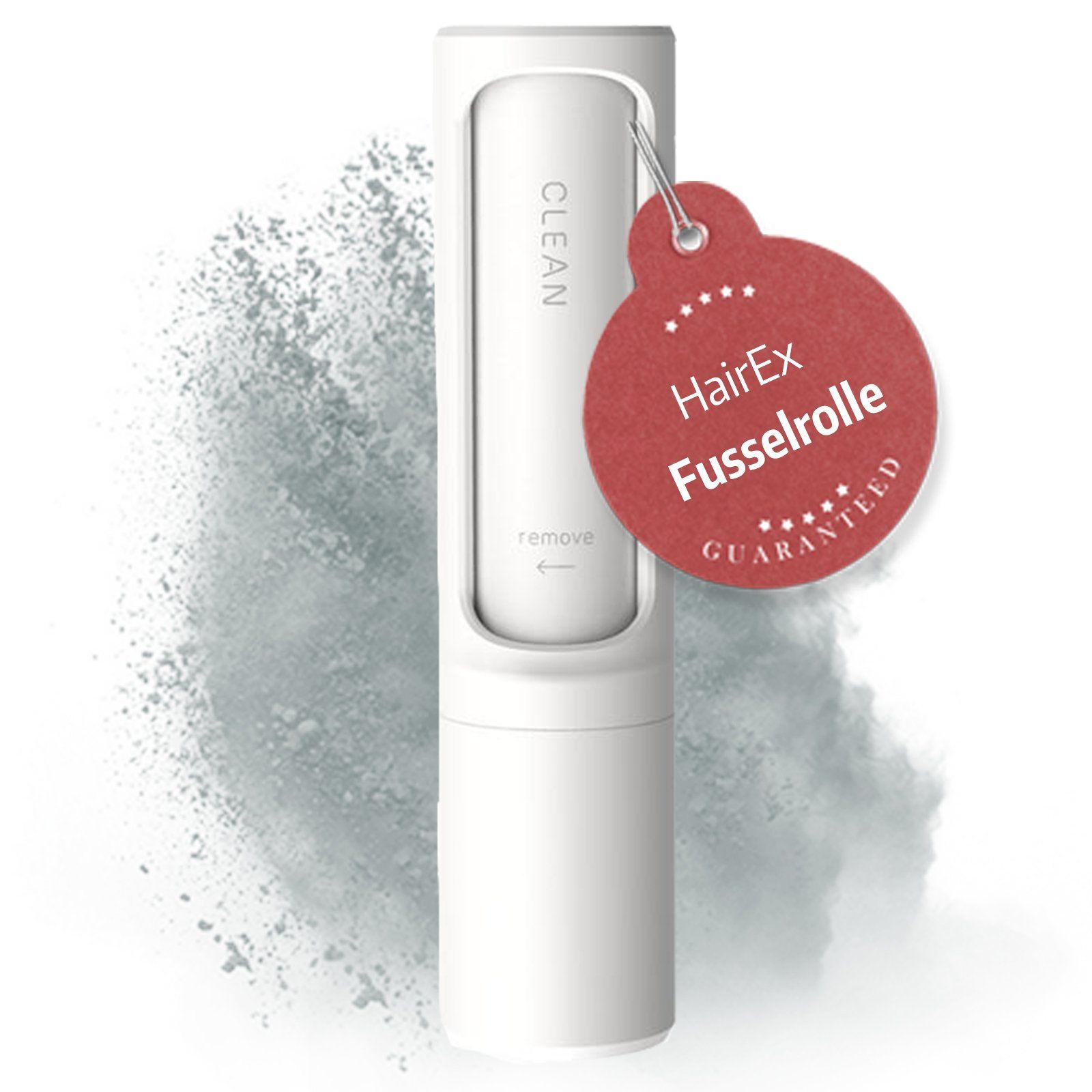 Weiße Fusselrolle mit rotem Anhänger. Text: HairEx Fusselrolle GUARANTEED.