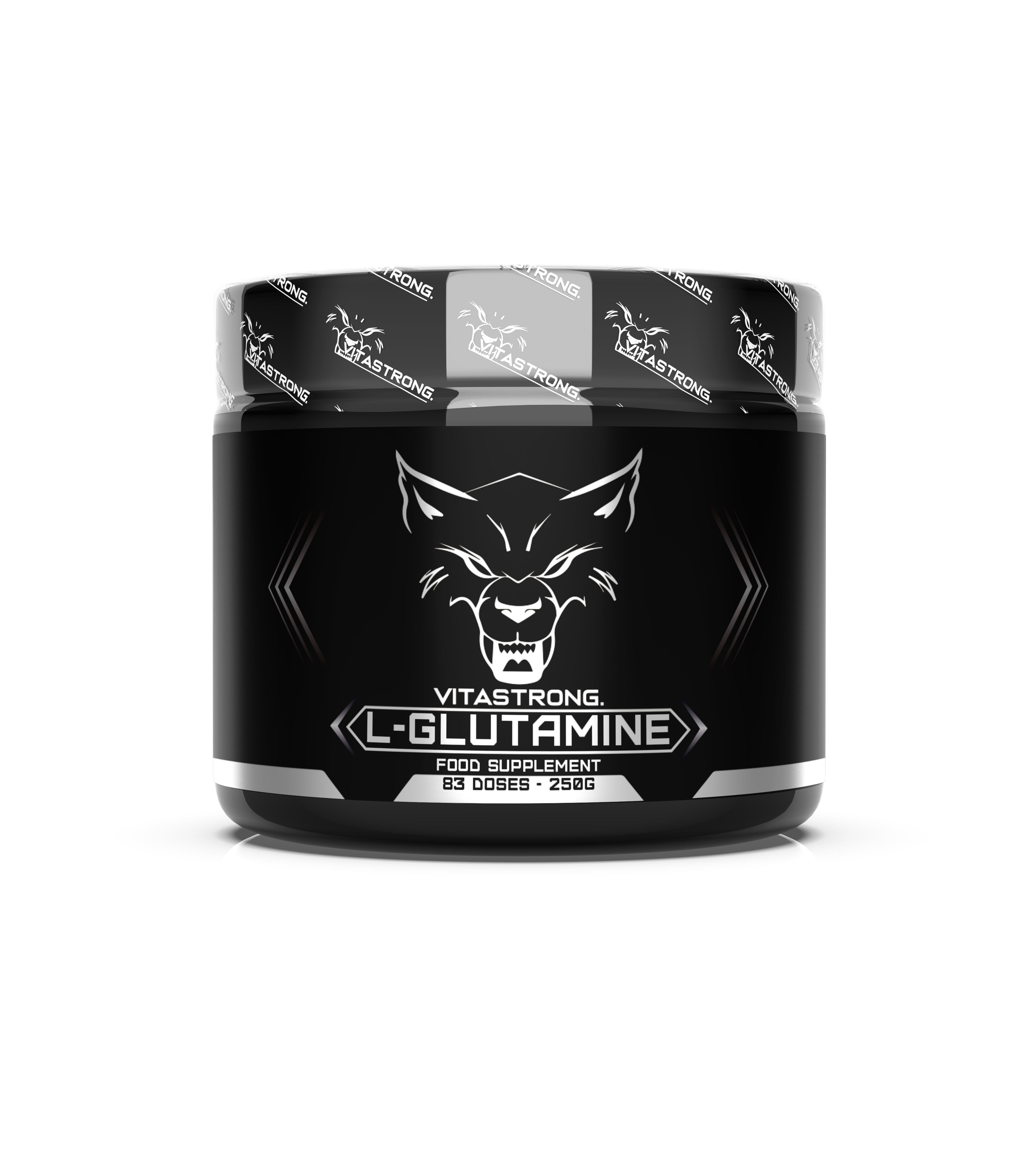 Schwarzes Produktglas mit Aufschrift: Vitastrong L-Glutamin. 83 Portionen, 250g.