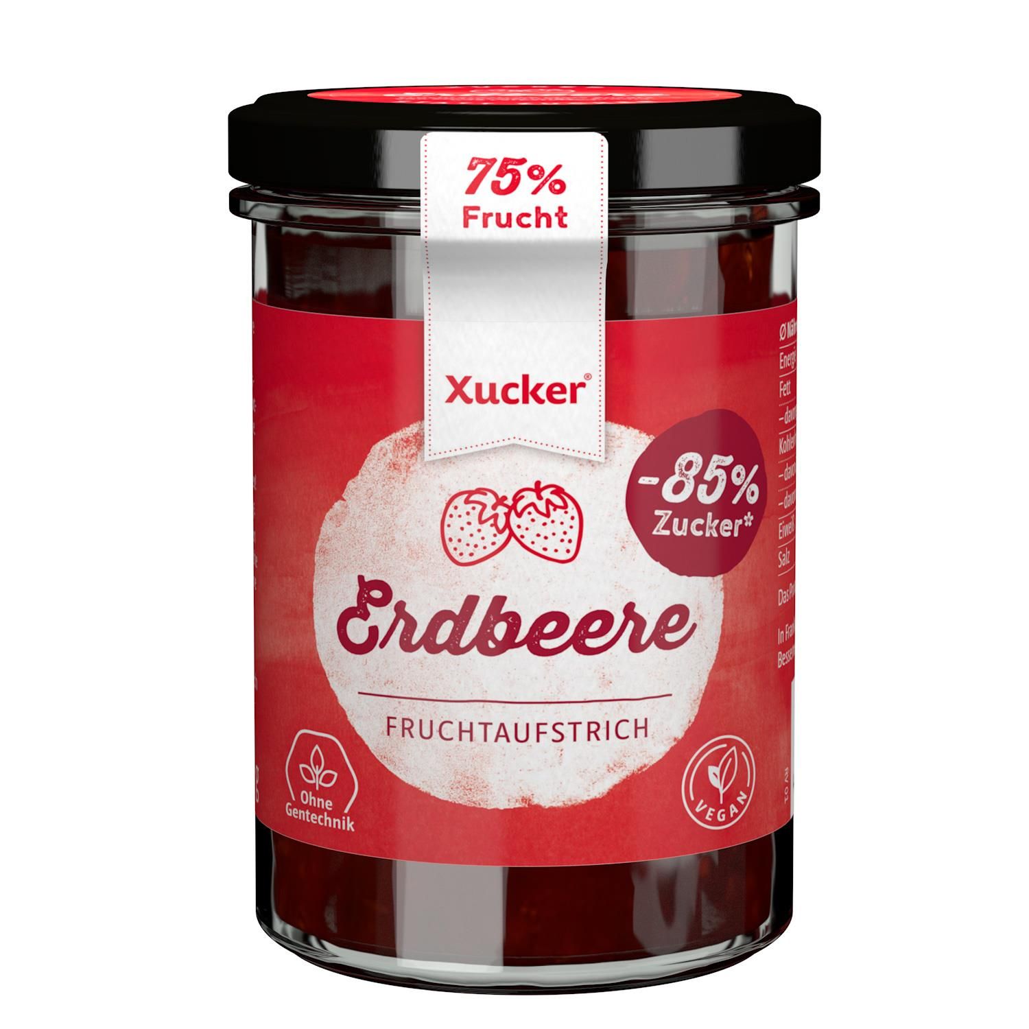 Glas mit rotem Fruchtaufstrich. Etikett mit "Erdbeere", "75% Frucht" und "-85% Zucker". Vegan-Siegel.
