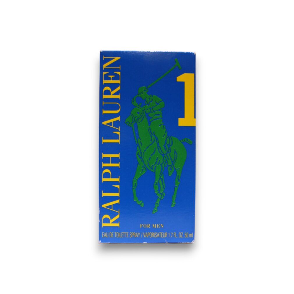 Blaue Schachtel mit gelber '1' und grünem Polospieler-Logo. Aufschrift 'Ralph Lauren' und 'FOR MEN'.