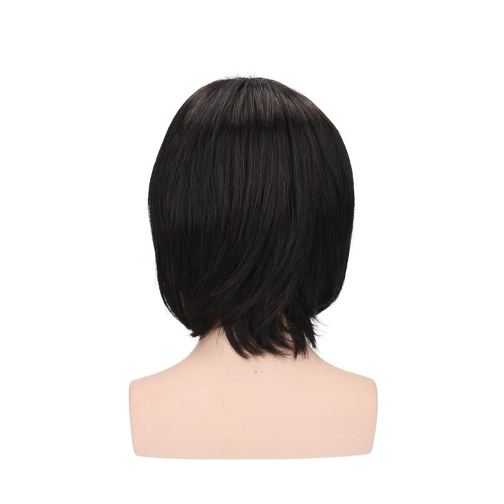 Dunkelbraune Perücke auf einem Schaufensterkopf. Rückansicht. Kurze, glatte Haare.