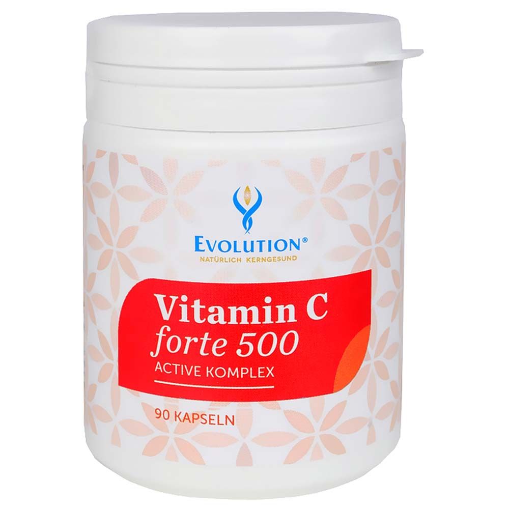 Weiße Dose mit Schraubverschluss. Roter Aufkleber mit "Vitamin C forte 500". Enthält 90 Kapseln. Marke: Evolution.