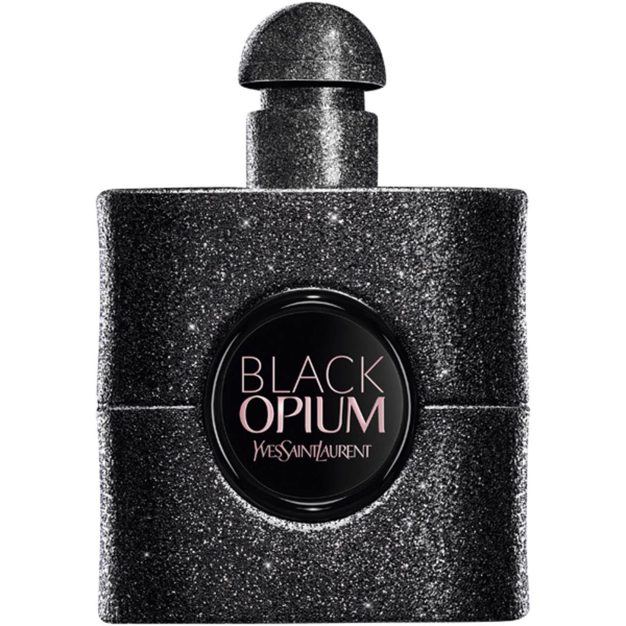 Schwarzer Flakon mit Glitzer-Effekt. Aufschrift: Black Opium, Yves Saint Laurent. Schwarzer Verschluss.