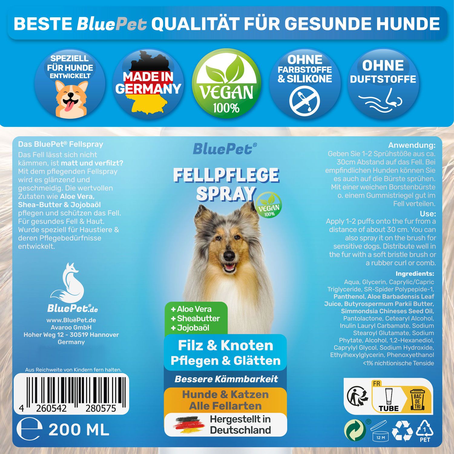 Rückseite einer Sprühflasche Fellpflege Spray. Enthält Informationen zu Inhaltsstoffen und Anwendung. Mit Vegan-Siegel.