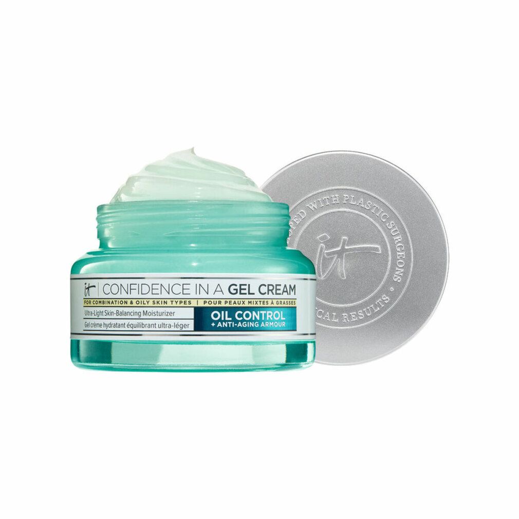 Tiegel mit Creme-Gel. Türkisfarbener Behälter mit silbernem Deckel. Aufschrift: Confidence in a Gel Cream. Öl Kontrolle.