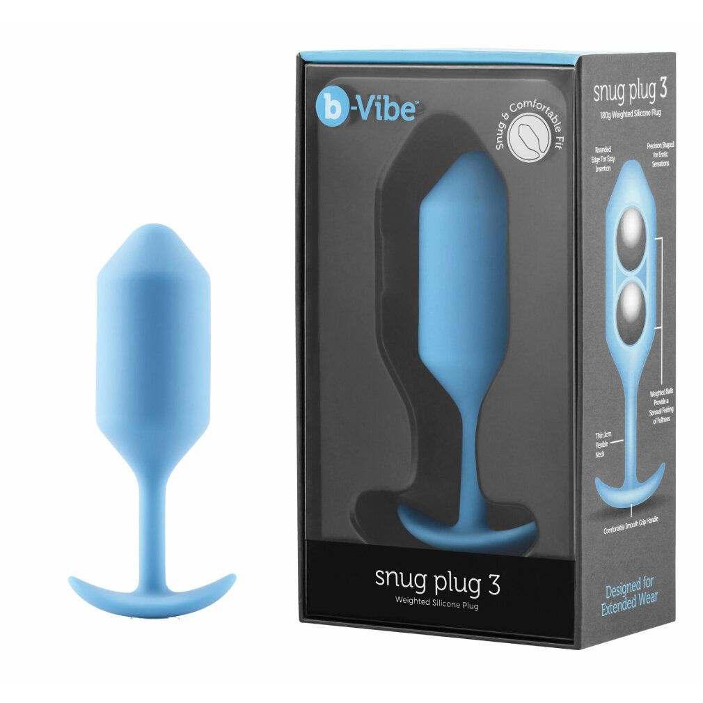 Verpackung und türkis Plug. Produktname: Snug Plug 3. Text: Weighted Silicone Plug.