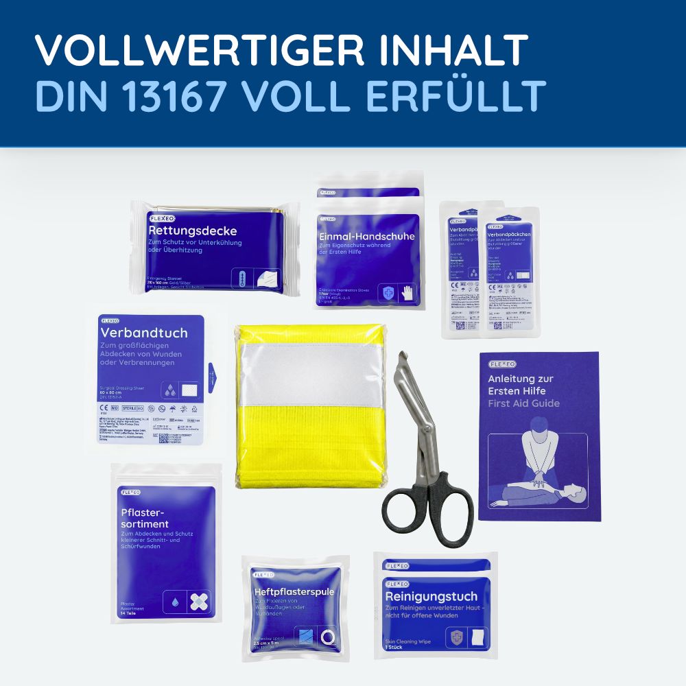 Inhalt eines Erste-Hilfe-Sets: Rettungsdecke, Handschuhe, Verbandtuch, Pflaster, Schere, Anleitung. DIN 13167.