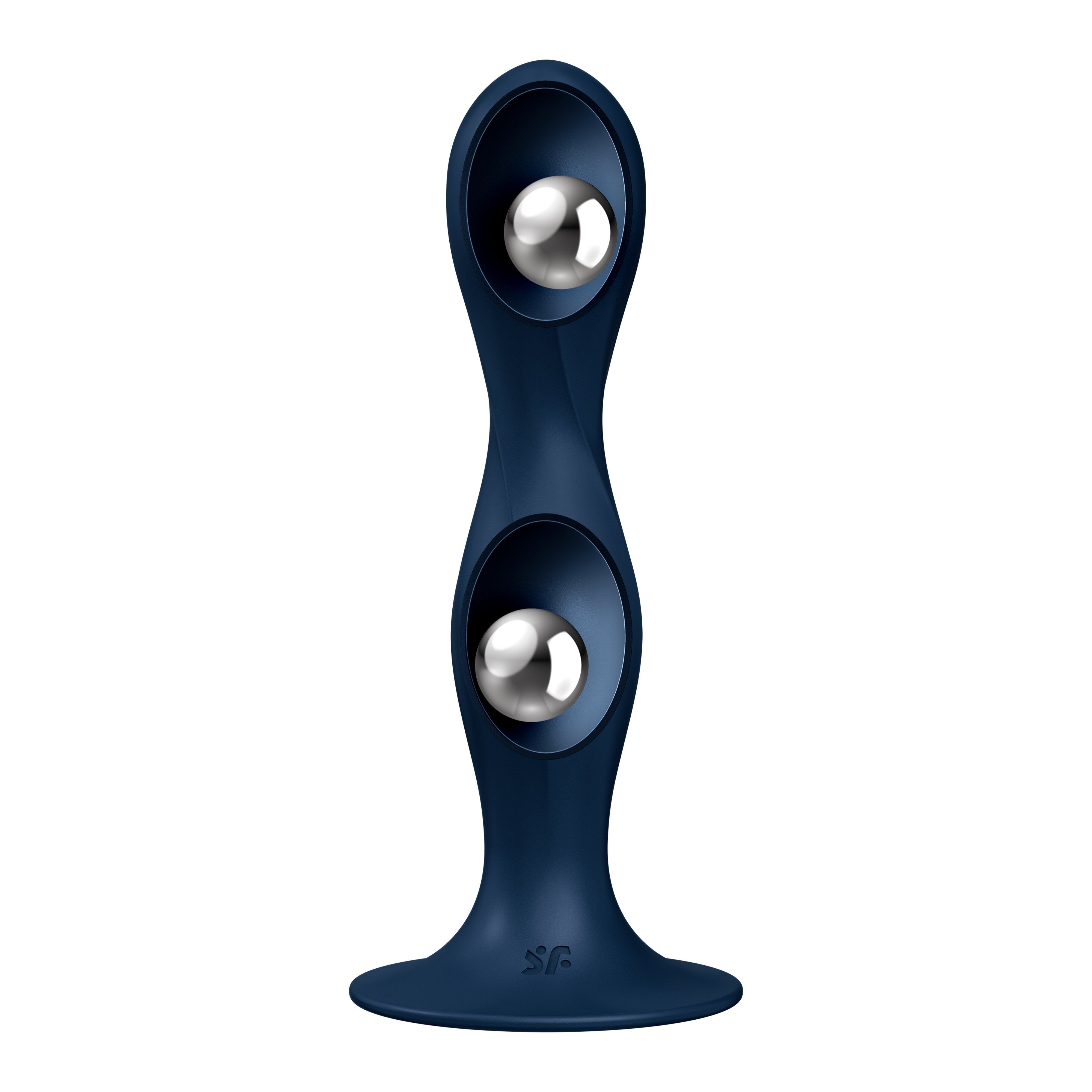 Dunkelblauer Dildo mit zwei Kugeln, die jeweils eine Metallkugel enthalten.
