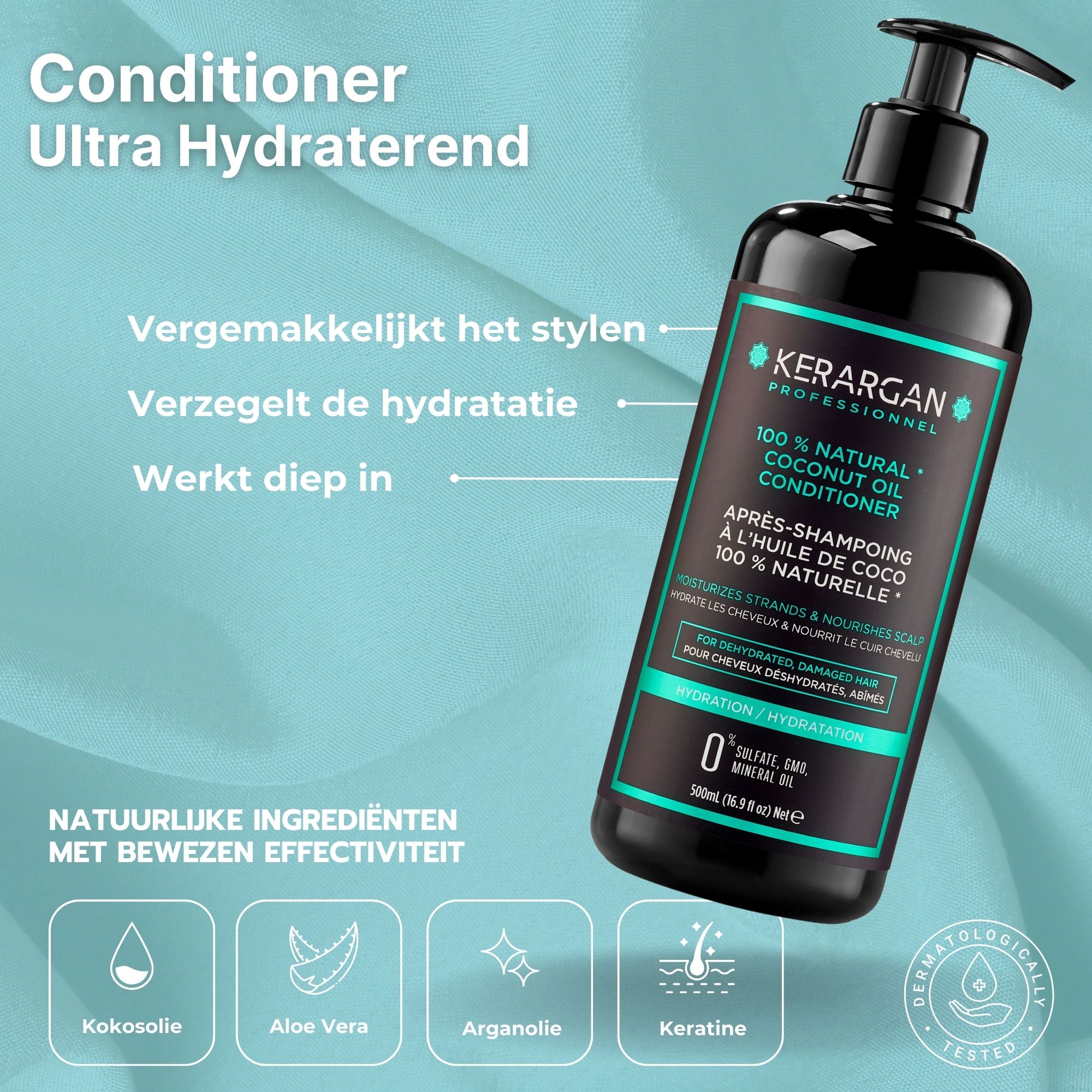 Zwarte fles Kerargan conditioner. Tekst: 100% Natural Coconut Oil. Voor uitgedroogd haar. 0% sulfaten, minerale olie. 500ml.