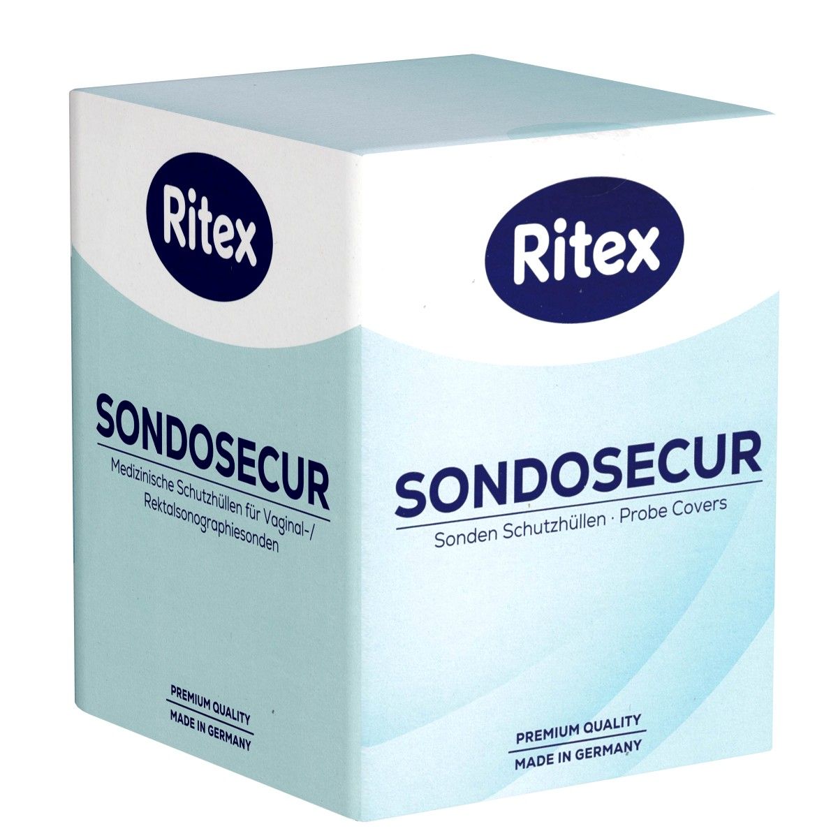 Verpackung von Ritex SONDOSSECUR. Blaue und weiße Schachtel mit Produktnamen und Markennamen Ritex. Aufschrift: Medizinische Schutzhüllen für Vaginal-/Rektalsonographiesonden.