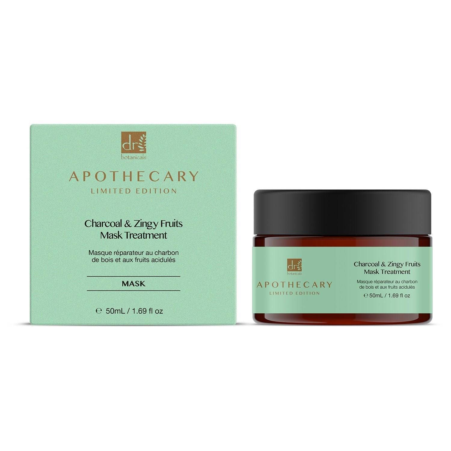 Grüne Schachtel und braunes Glas mit schwarzem Deckel. Aufschrift: Charcoal & Zingy Fruits Mask Treatment. Marke: Dr Botanicals.