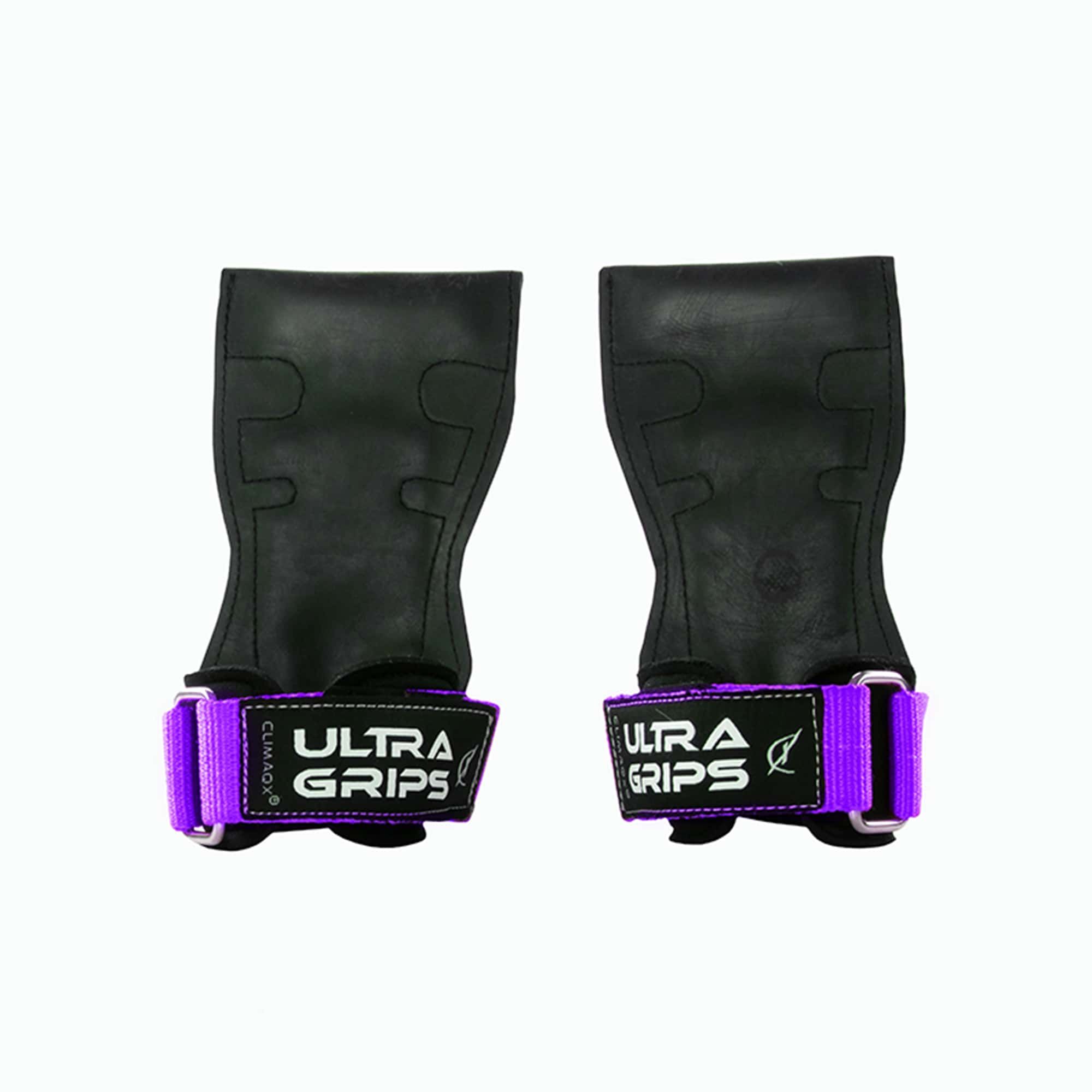Zwei schwarze Ultra-Grips mit lila Handgelenkriemen. Auf den Riemen steht "ULTRA GRIPS".