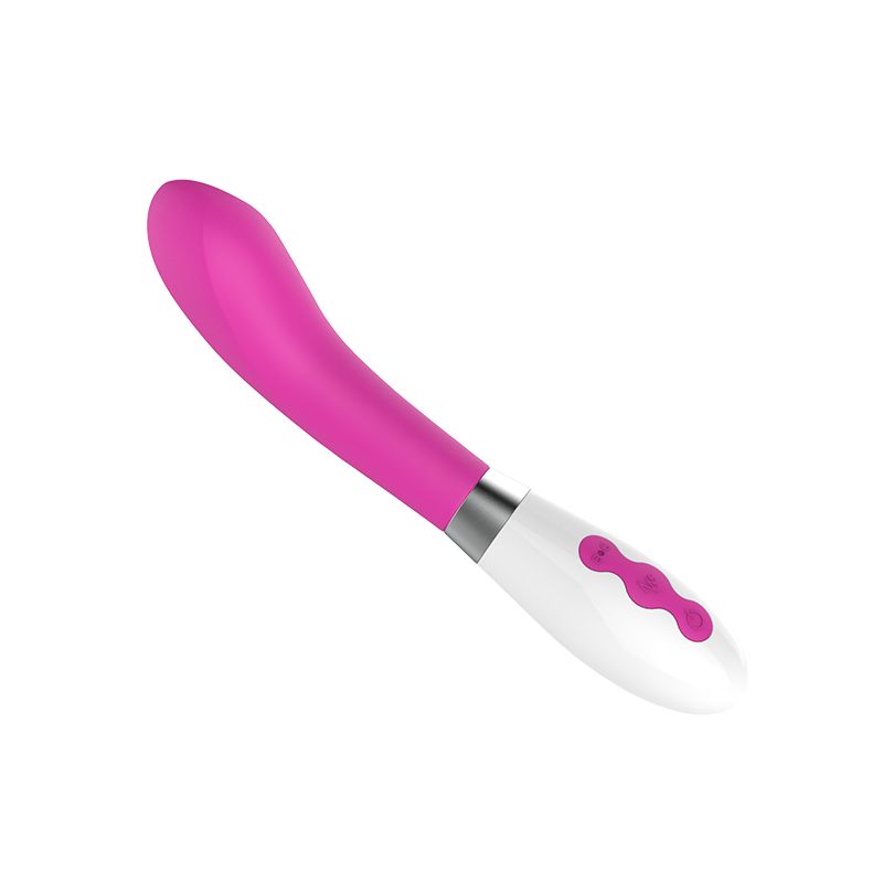 Pinkfarbener Vibrator mit weißem Griff und drei Knöpfen. Metallring zwischen Griff und Schaft. Perspektivische Ansicht.