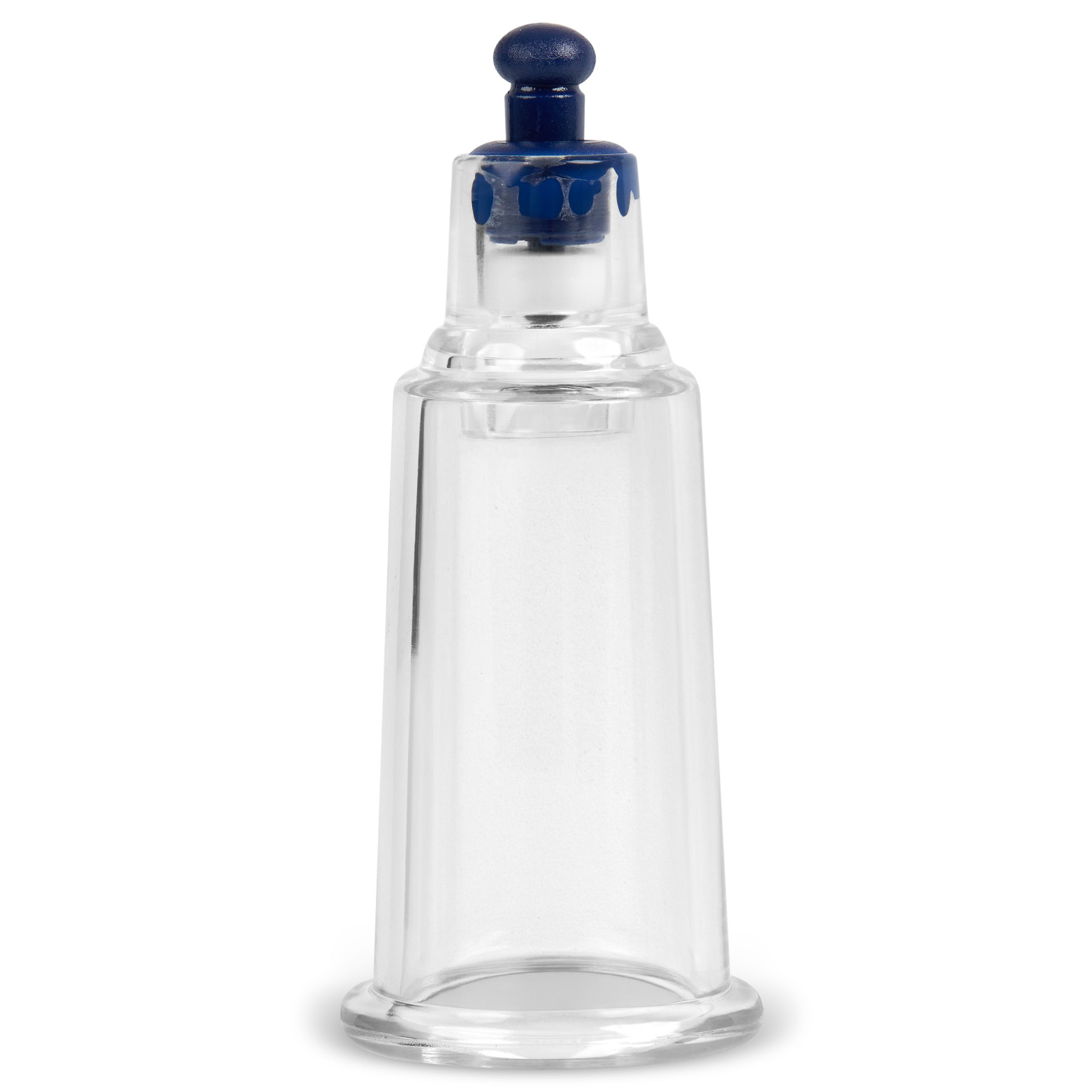 Klarer Schröpfglas-Ersatz aus Kunststoff mit blauem Ventil. Zylindrische Form mit abgerundeter Basis und blauem Knopf.