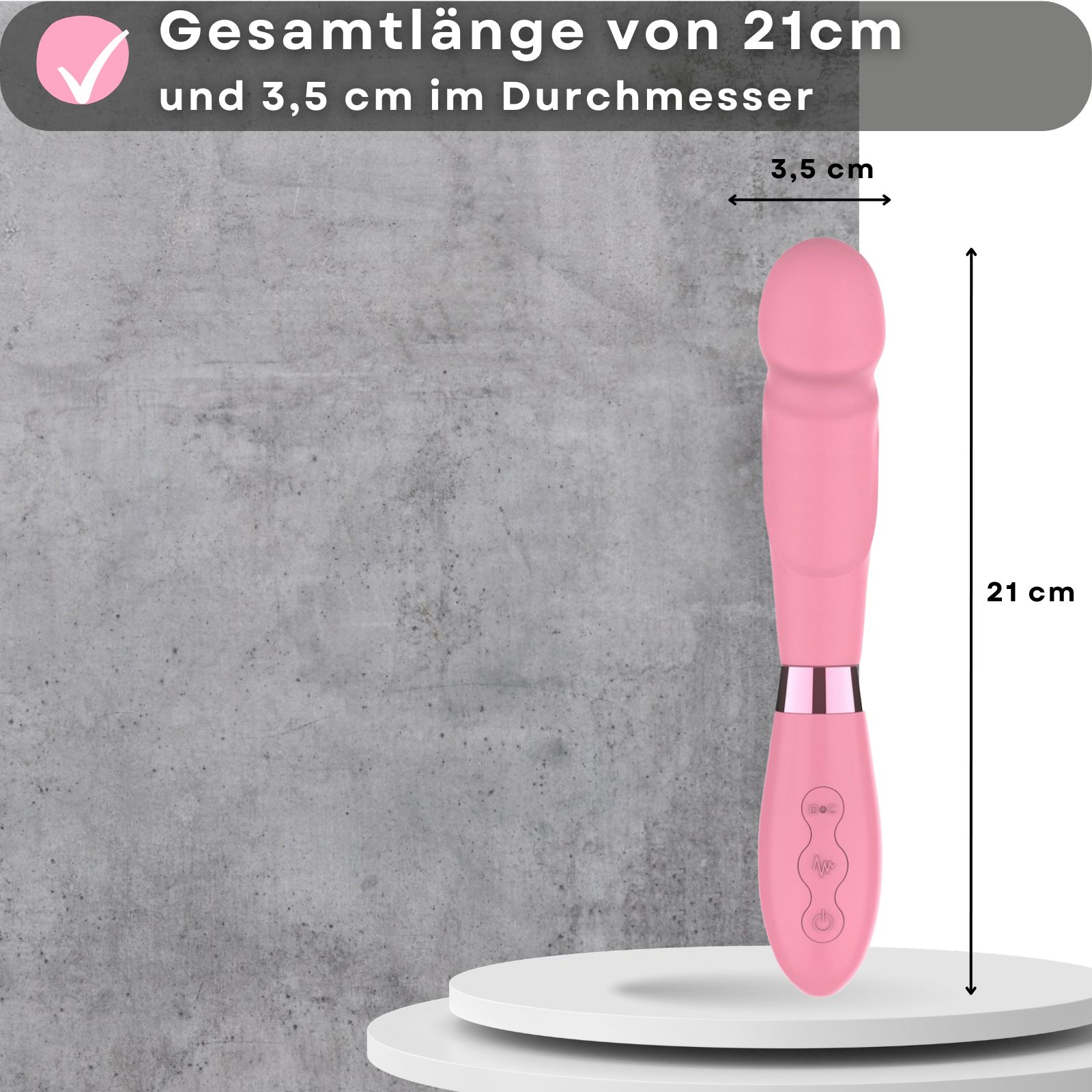 Rosa Vibrator. Silikon. 21 cm lang, 3,5 cm Durchmesser. Wiederaufladbar über USB. 10 Modi.