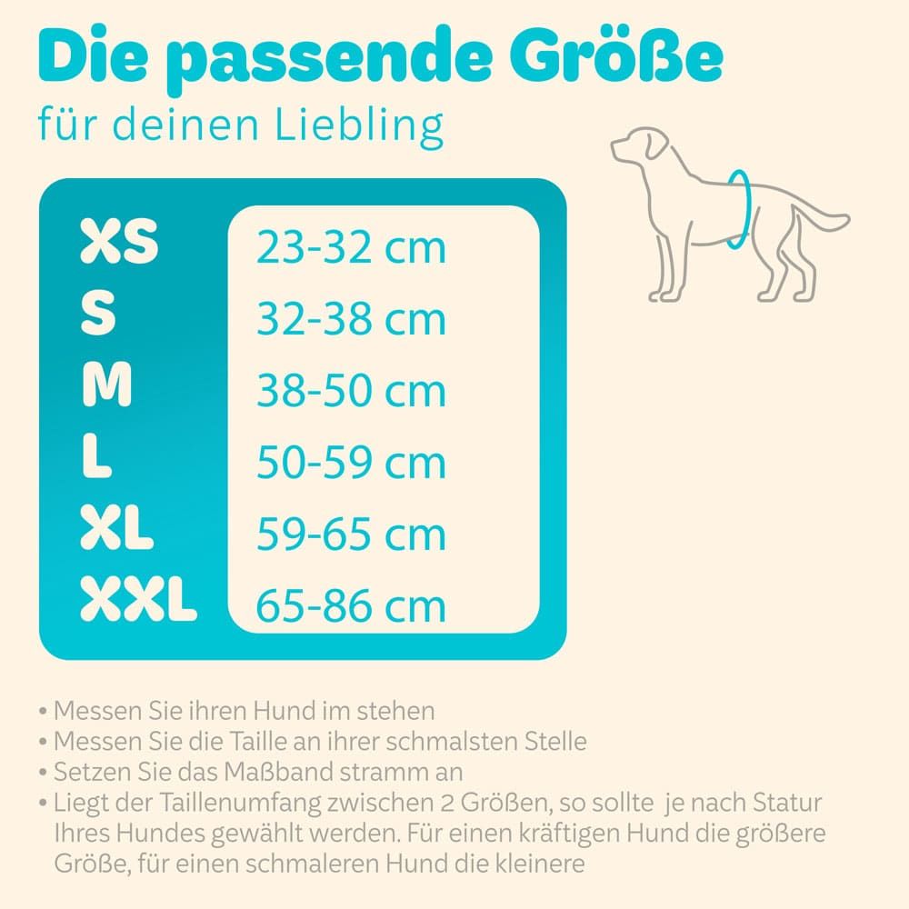 Größentabelle für Hundewindeln. Größen: XS bis XXL. Text: Die passende Größe für deinen Liebling.