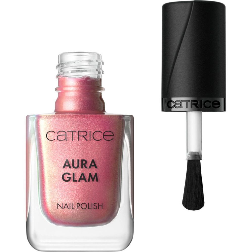 Nagellackflasche mit schwarzem Deckel und Pinsel. Rosa Nagellack mit Aufschrift "Aura Glam" und "Nail Polish".