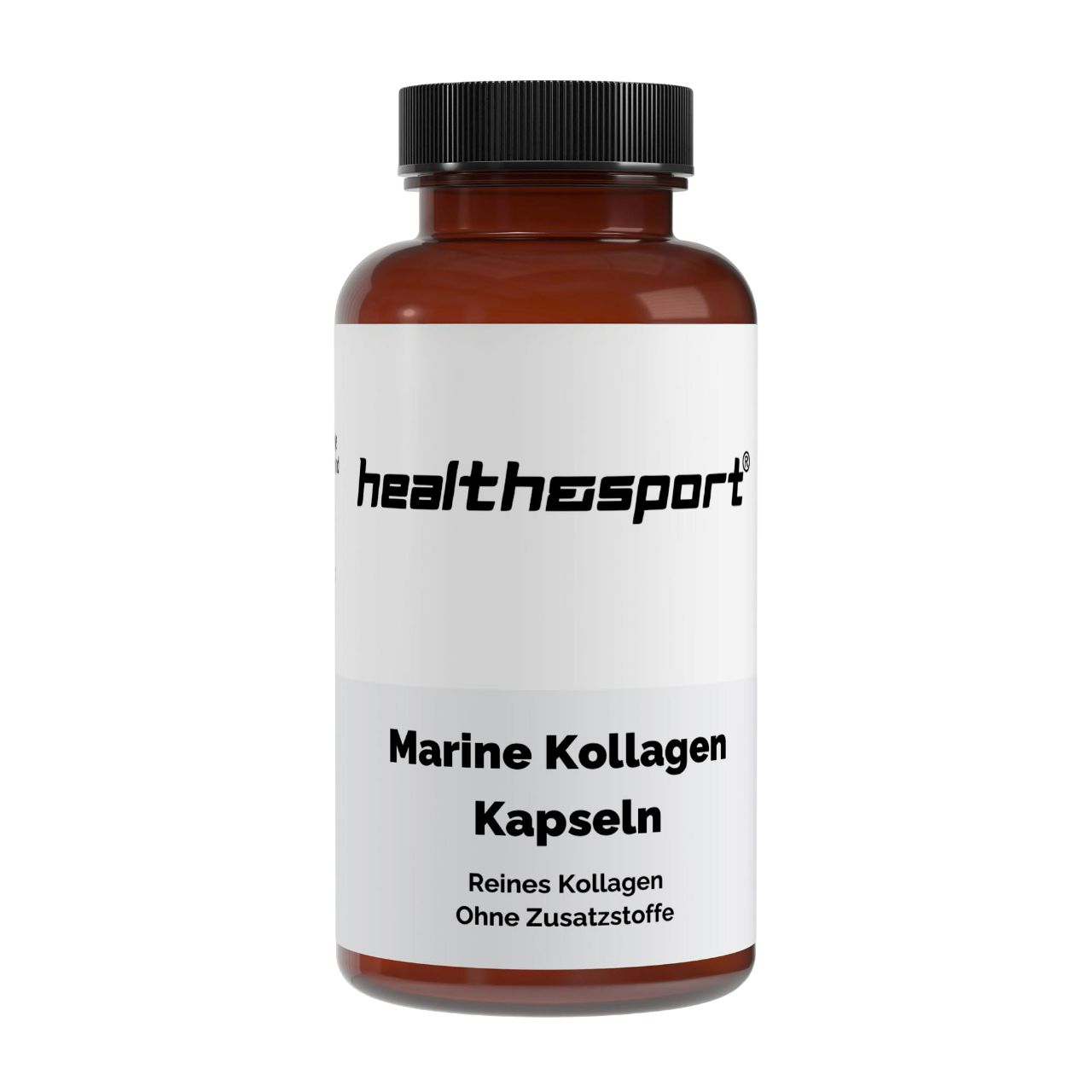 Braune Flasche mit schwarzem Deckel und weißem Etikett. Aufschrift: health & sport, Marine Kollagen Kapseln, Reines Kollagen, Ohne Zusatzstoffe.