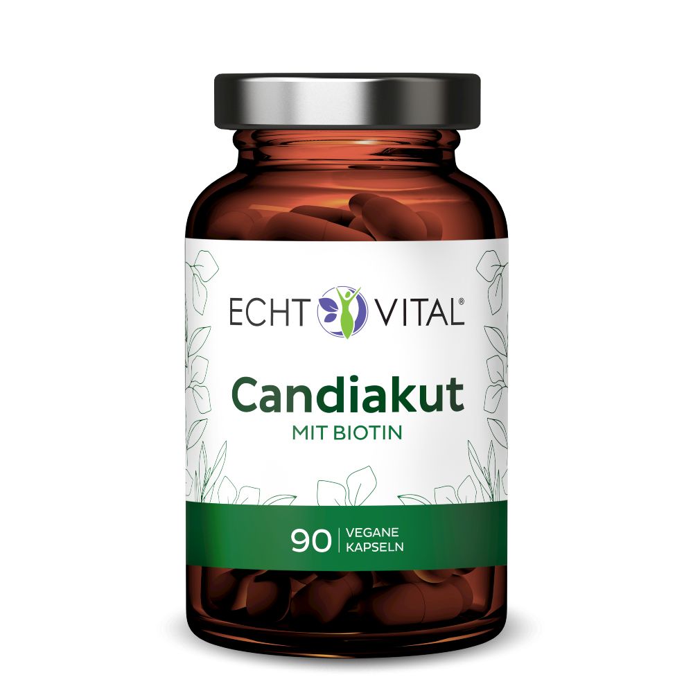 Braune Glasflasche mit Kapseln. Etikett mit "Echt Vital Candiakut MIT BIOTIN". 90 Kapseln. Vegane Kapseln.