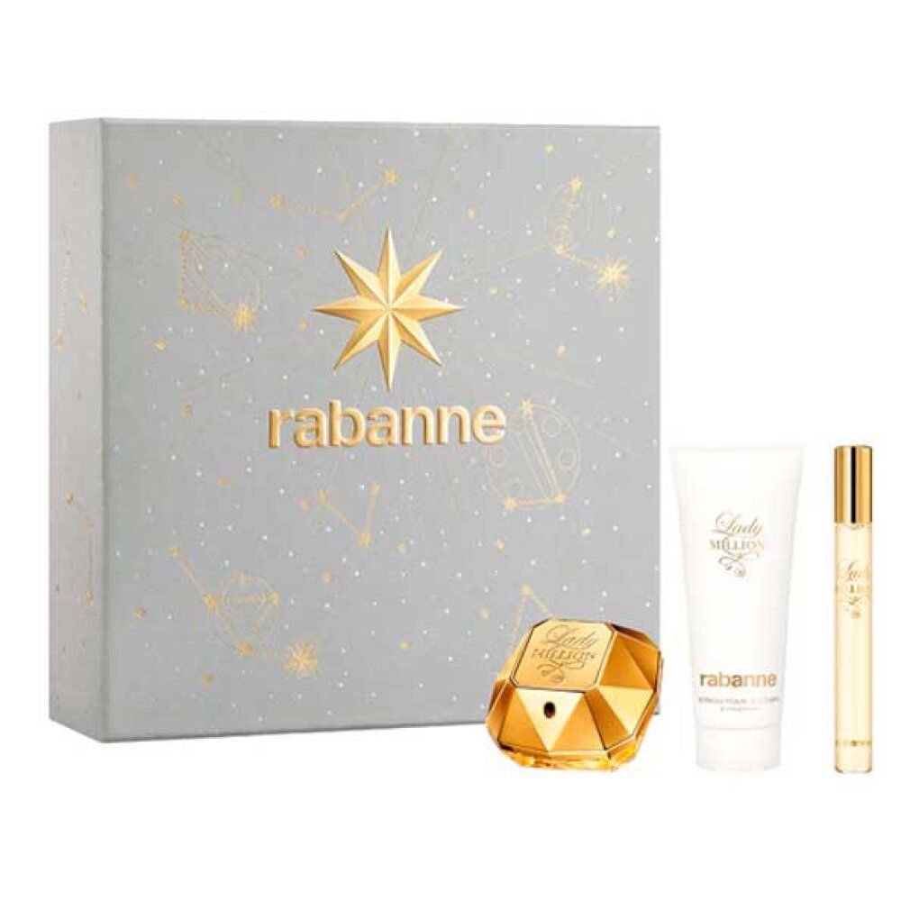 Geschenkbox mit Sternmotiv, Flakon, Roll-on-Flakon und Tube. Auf der Box steht 'rabanne'.