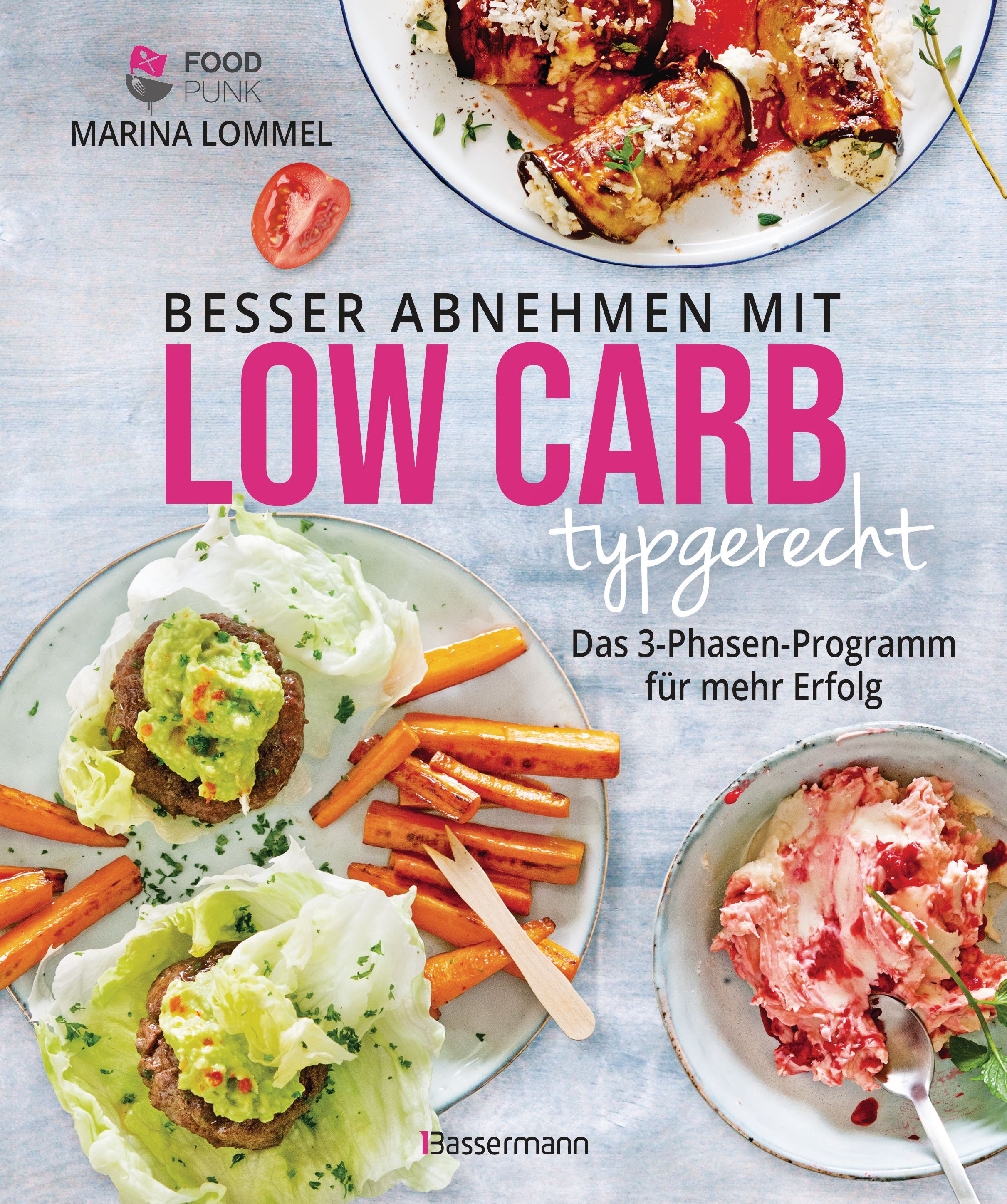 Kochbuch mit dem Titel "Besser abnehmen mit Low Carb typgerecht". Auf dem Cover sind Speisen abgebildet.