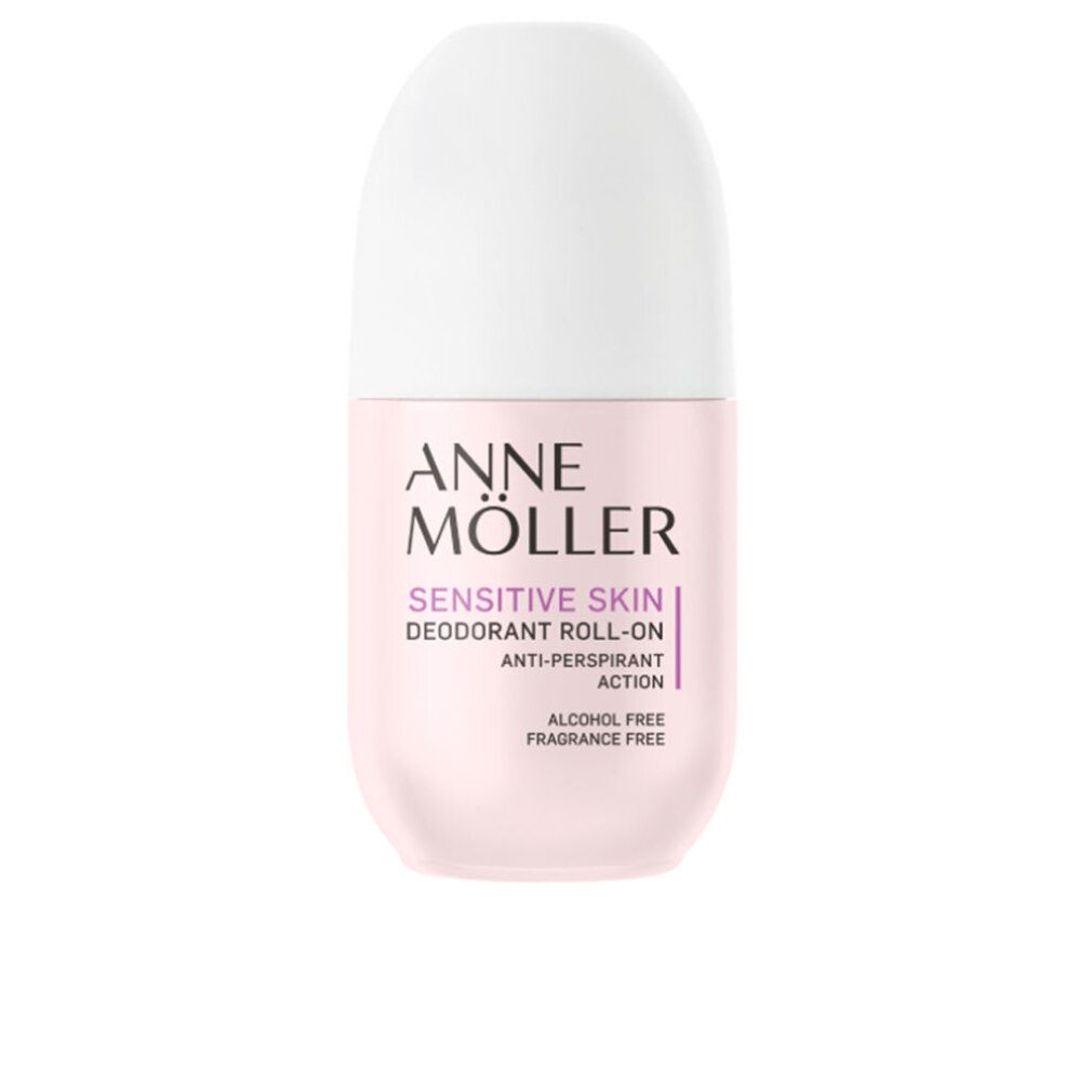 Deoroller, weißer Deckel, rosa Behälter. Aufschrift: ANNE MÖLLER, SENSITIVE SKIN, DEODORANT ROLL-ON, ANTI-PERSPIRANT ACTION, ALCOHOL FREE, FRAGRANCE FREE.