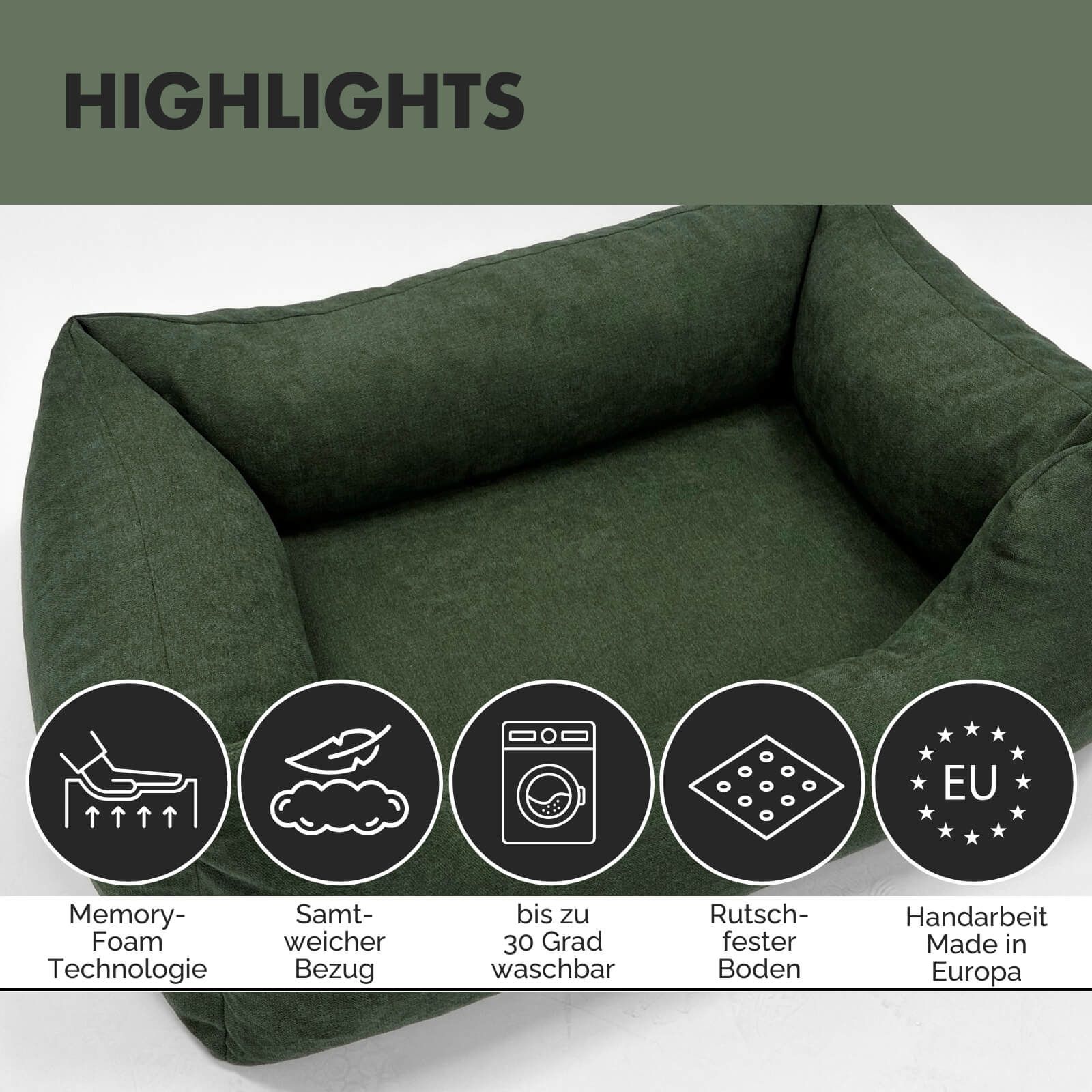Grünes Hundebett. Icons: Memory Foam, samtweicher Bezug, waschbar, rutschfester Boden, handgefertigt in Europa.