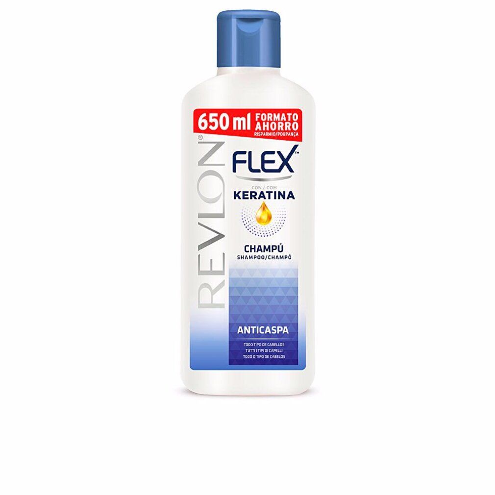 Flasche Revlon Flex Shampoo. Weiß, blauer Deckel. Schriftzug: Flex, Keratin, Anticaspa. 650 ml. Format für Sparsamkeit.