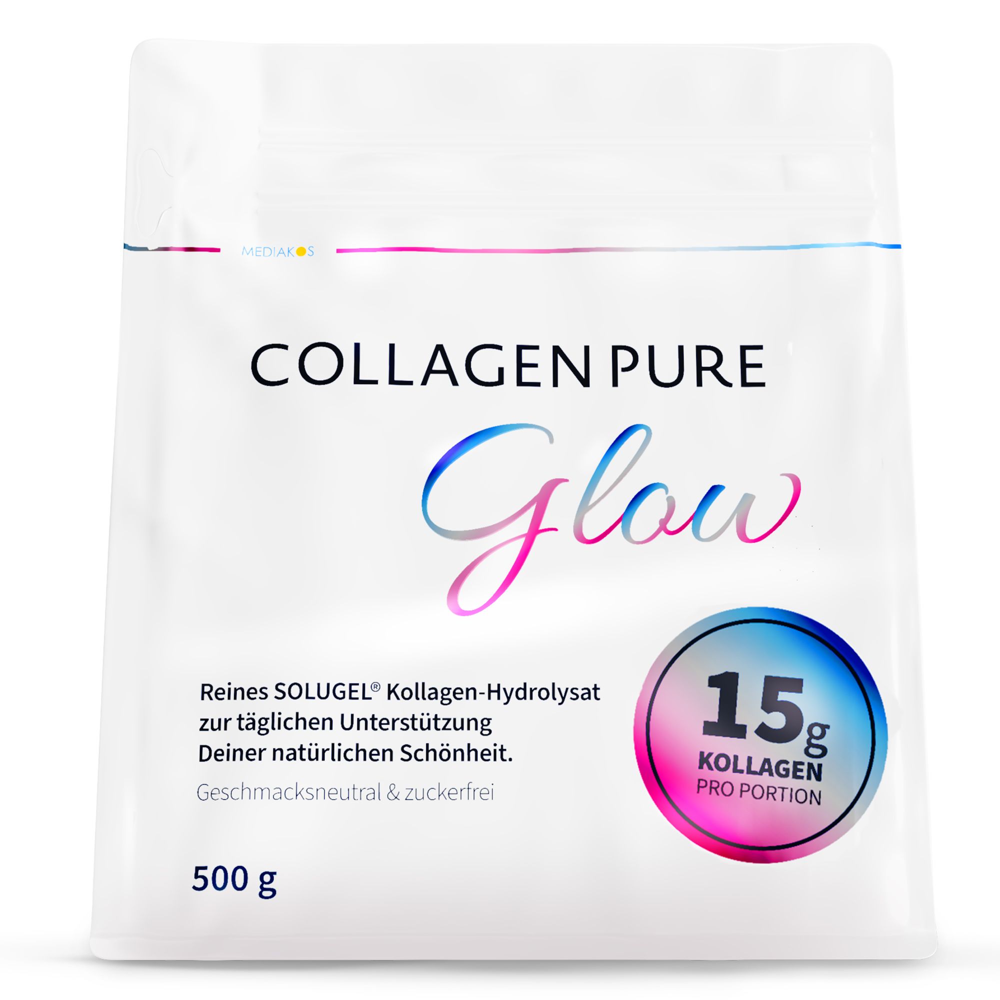 Weiße Verpackung mit Produktnamen COLLAGEN PURE Glow. Enthält 500g Kollagenpulver. 15g Kollagen pro Portion.