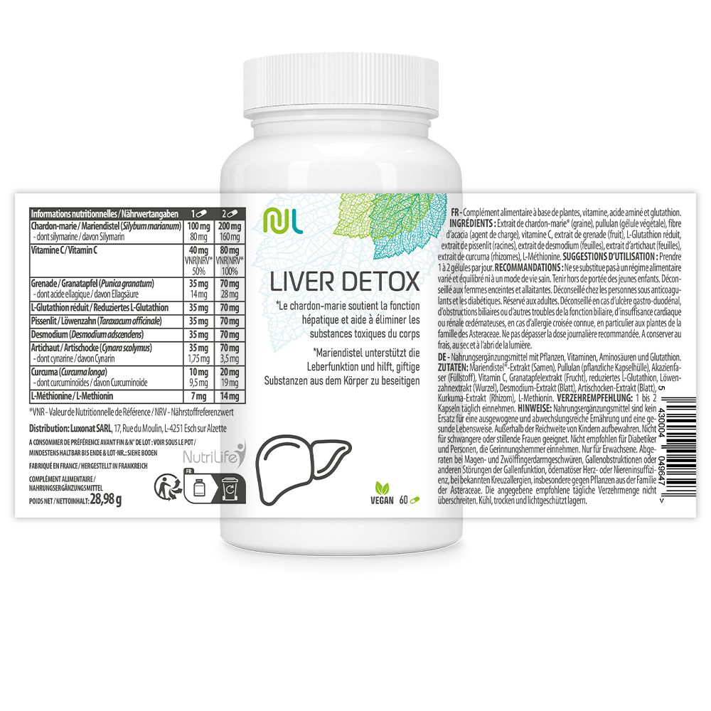 NutriLife Liver Detox Flasche mit detaillierter Nährwert- und Zutatenliste.