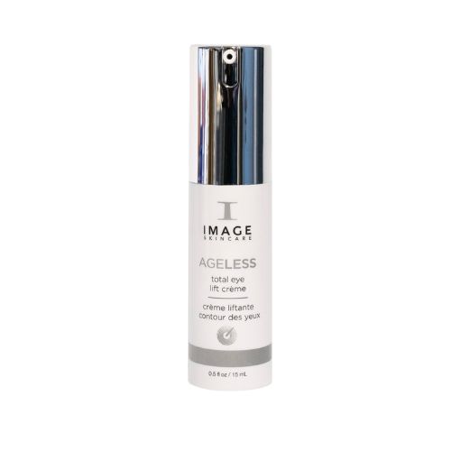 Zylinderförmige Flasche mit silberner Kappe. Aufschrift: IMAGE Skincare, AGELESS total eye lift crème. 0.5 fl oz / 15 ml.