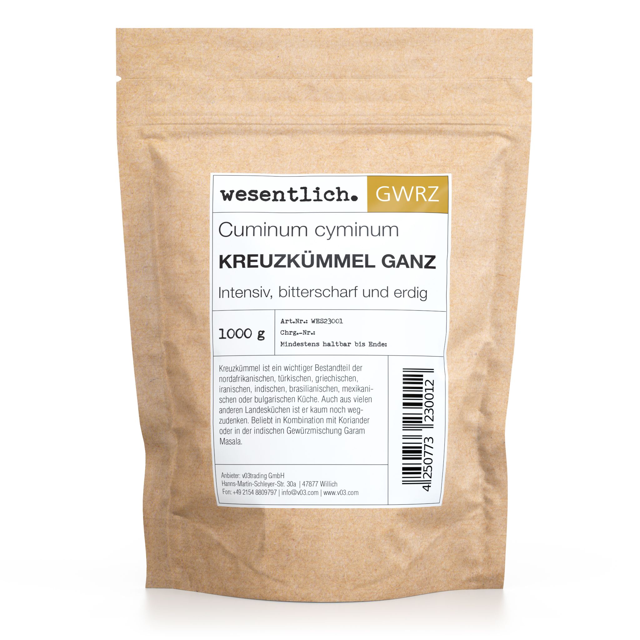 Braune Papiertüte mit weißem Etikett. Aufschrift: wesentlich., Kreuzkümmel ganz. Text und Logo.