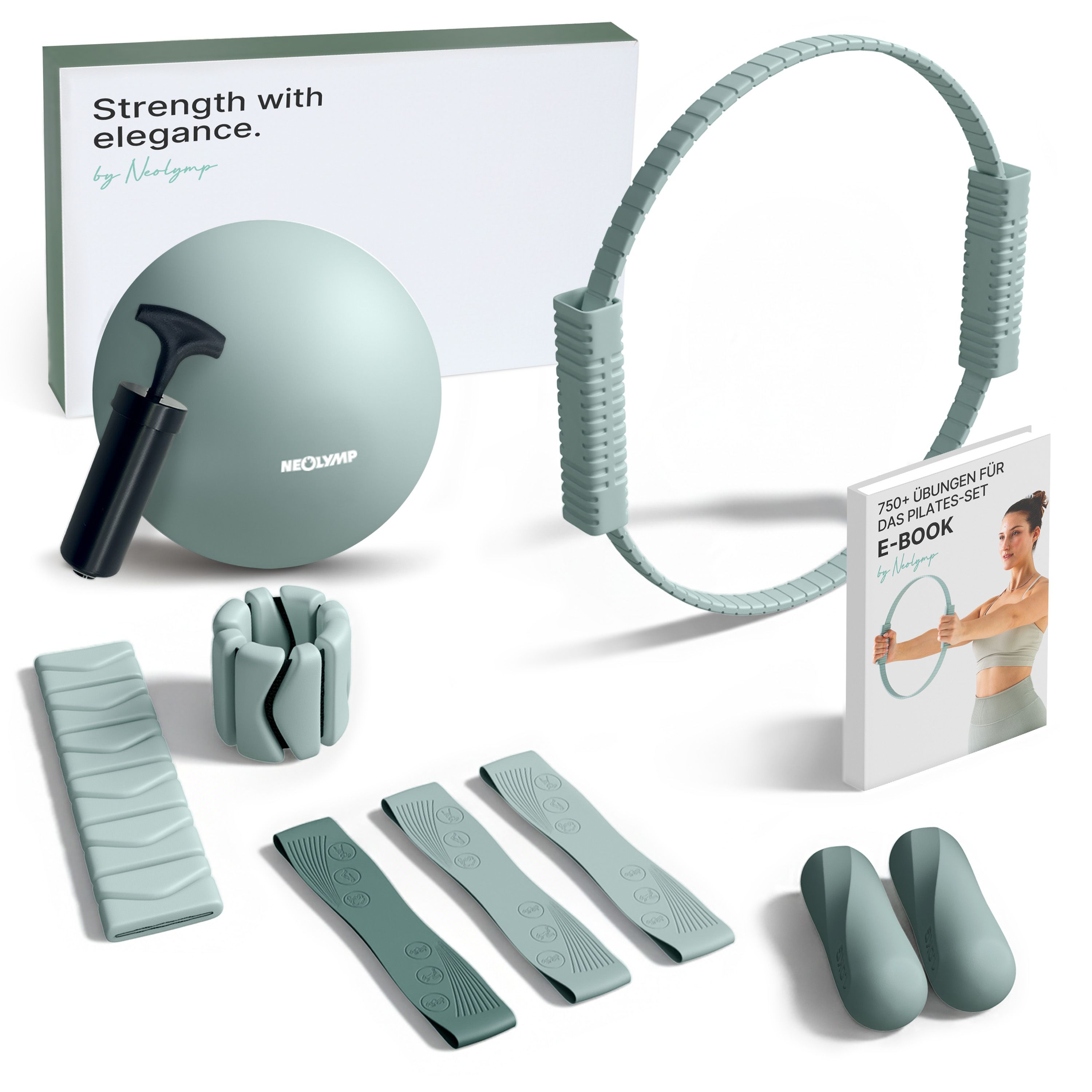 NEOLYMP Pilates Set: Ball, Ring, Fitnessbänder, Gewichts- und Silikon-Hanteln, E-Book und Pumpe.
