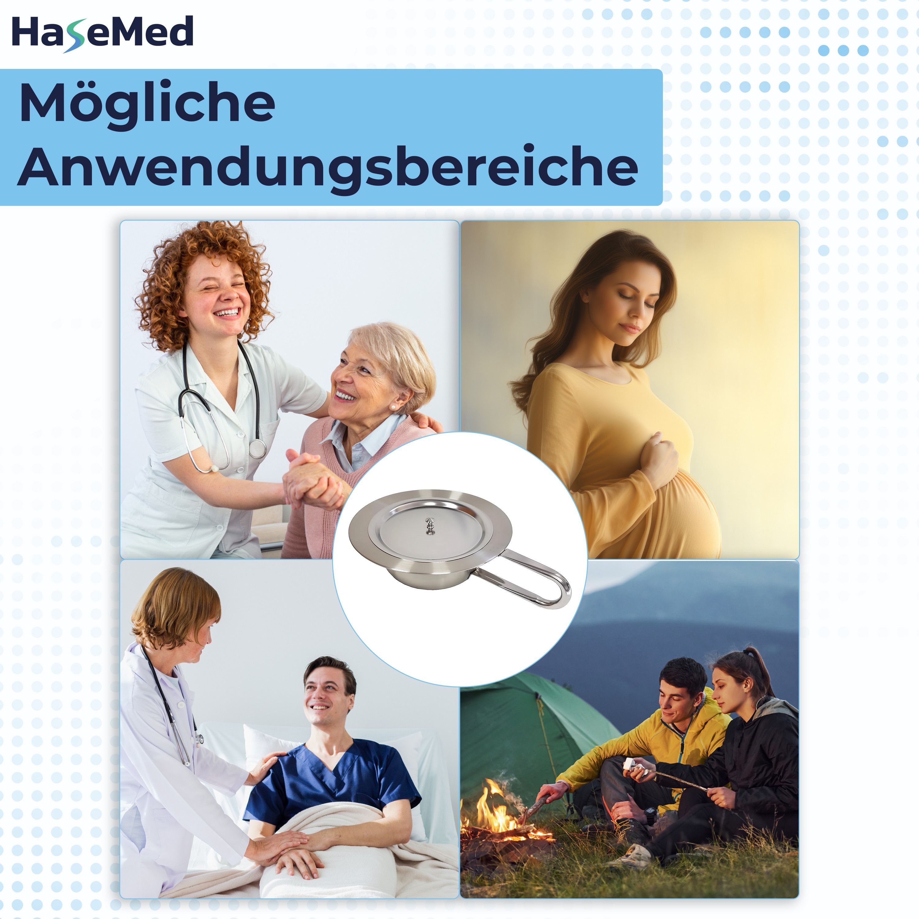 Edelstahl-Steckbecken mit Deckel. Vier Bilder: Arzt, Patient, Schwangere, Camping. Marke HaseMed.