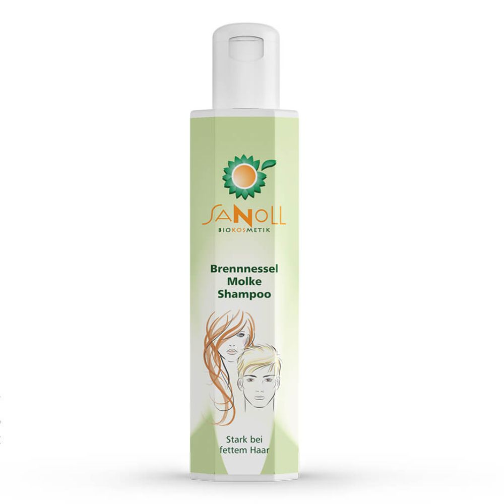 Grüne Shampoo-Flasche mit weißem Deckel. Aufschrift: Sanoll Biokosmetik Brennnessel Molke Shampoo. Illustration von Haaren und Gesichtern.