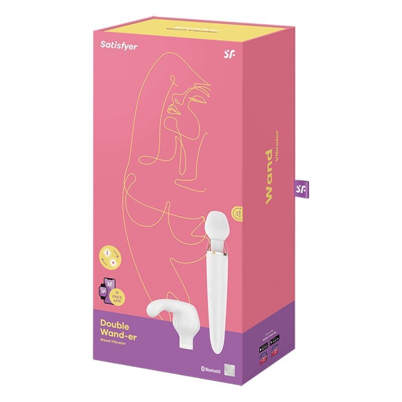 Verpackung von Satisfyer. Rosa Box mit Produktabbildung und Produktnamen: Double Wand-er.