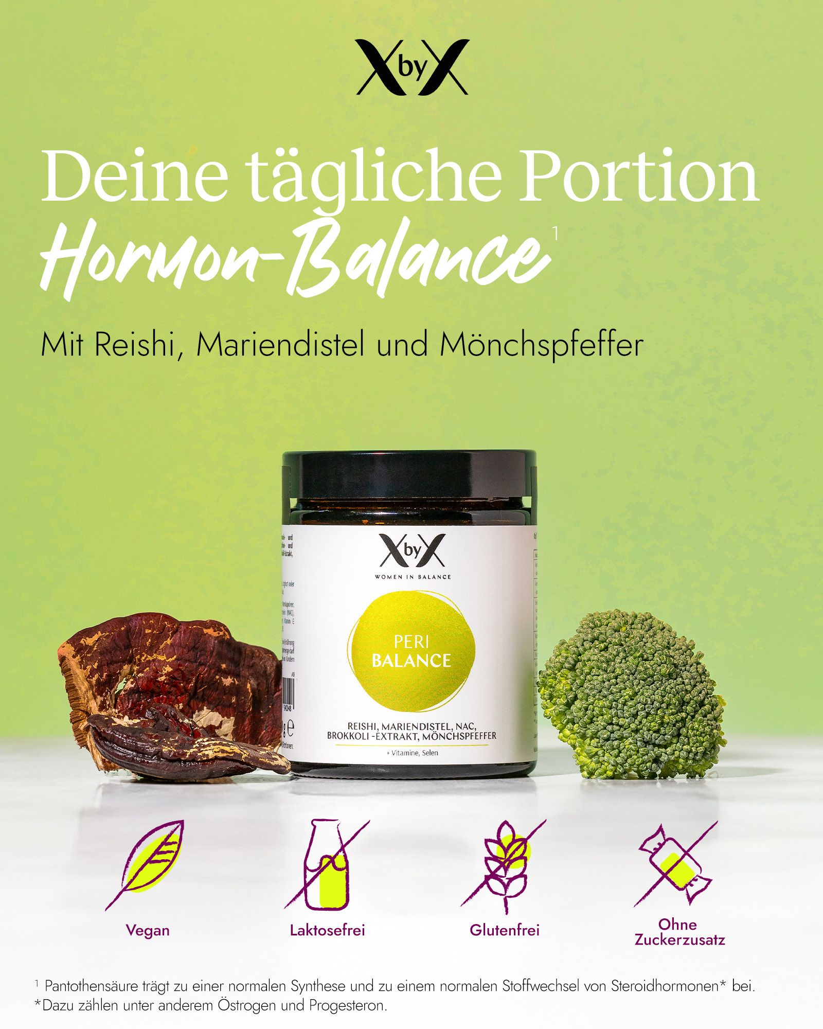 Glasbehälter mit 'Peri Balance' Aufschrift, daneben Reishi-Pilz und Brokkoli. Symbole für vegan, laktosefrei, glutenfrei, ohne Zuckerzusatz.