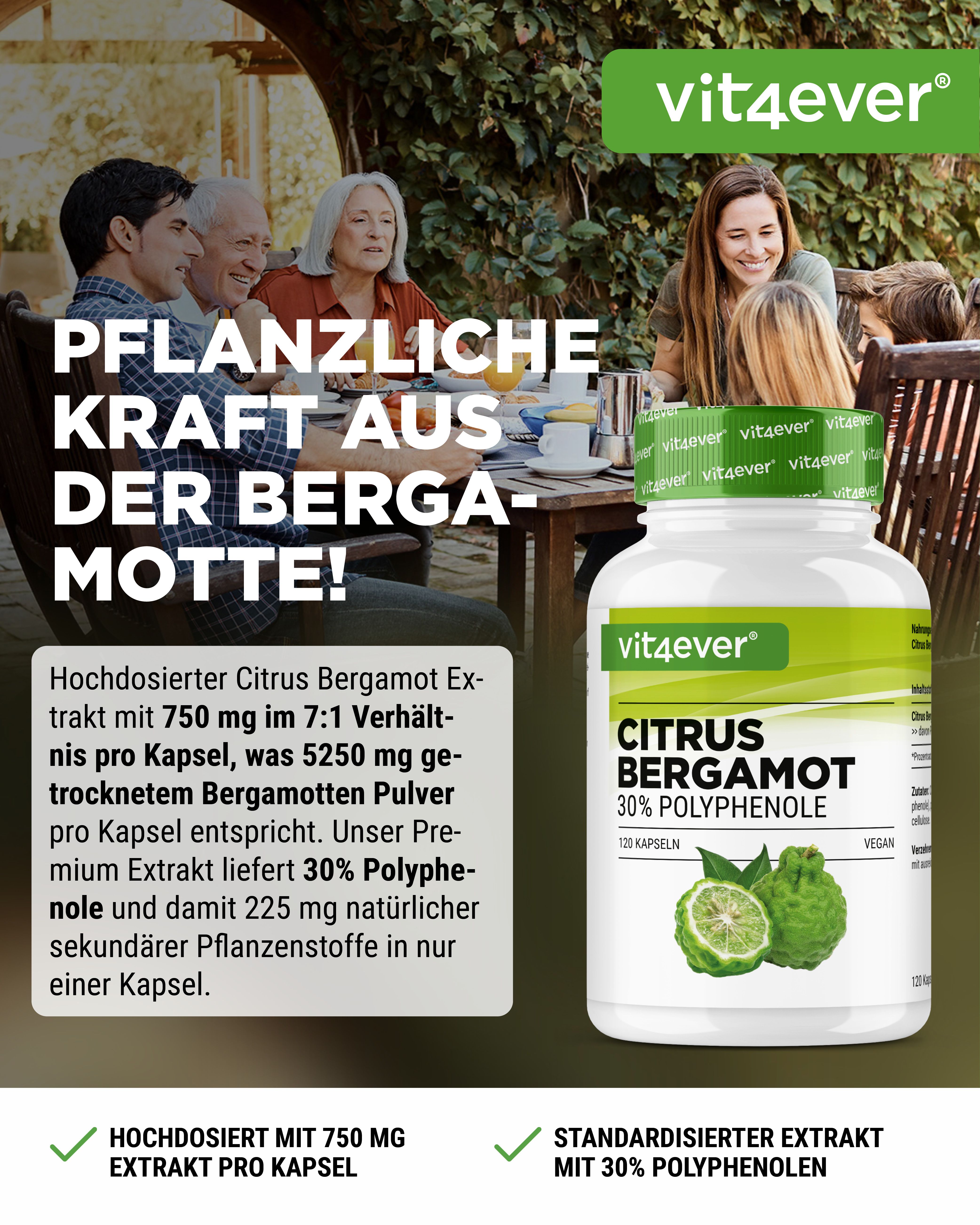 Weißes Fläschchen mit grüner Kappe, Aufschrift "vit4ever Citrus Bergamot". Abbildung von Bergamotte-Früchten. Text: "Pflanzliche Kraft aus der Bergamotte!"