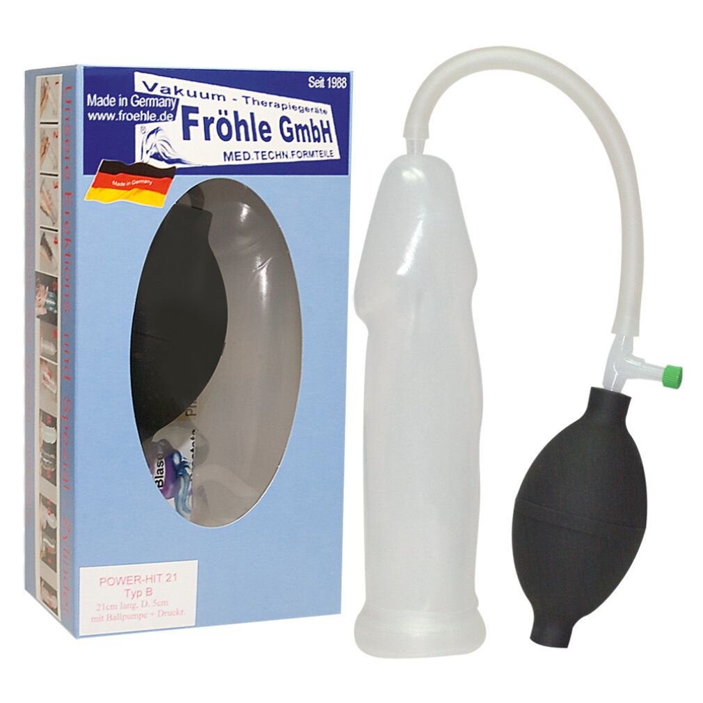 Verpackung mit Produkt. Marke Fröhle. Anatomische Pumpe, transparente Form, schwarzer Ball.