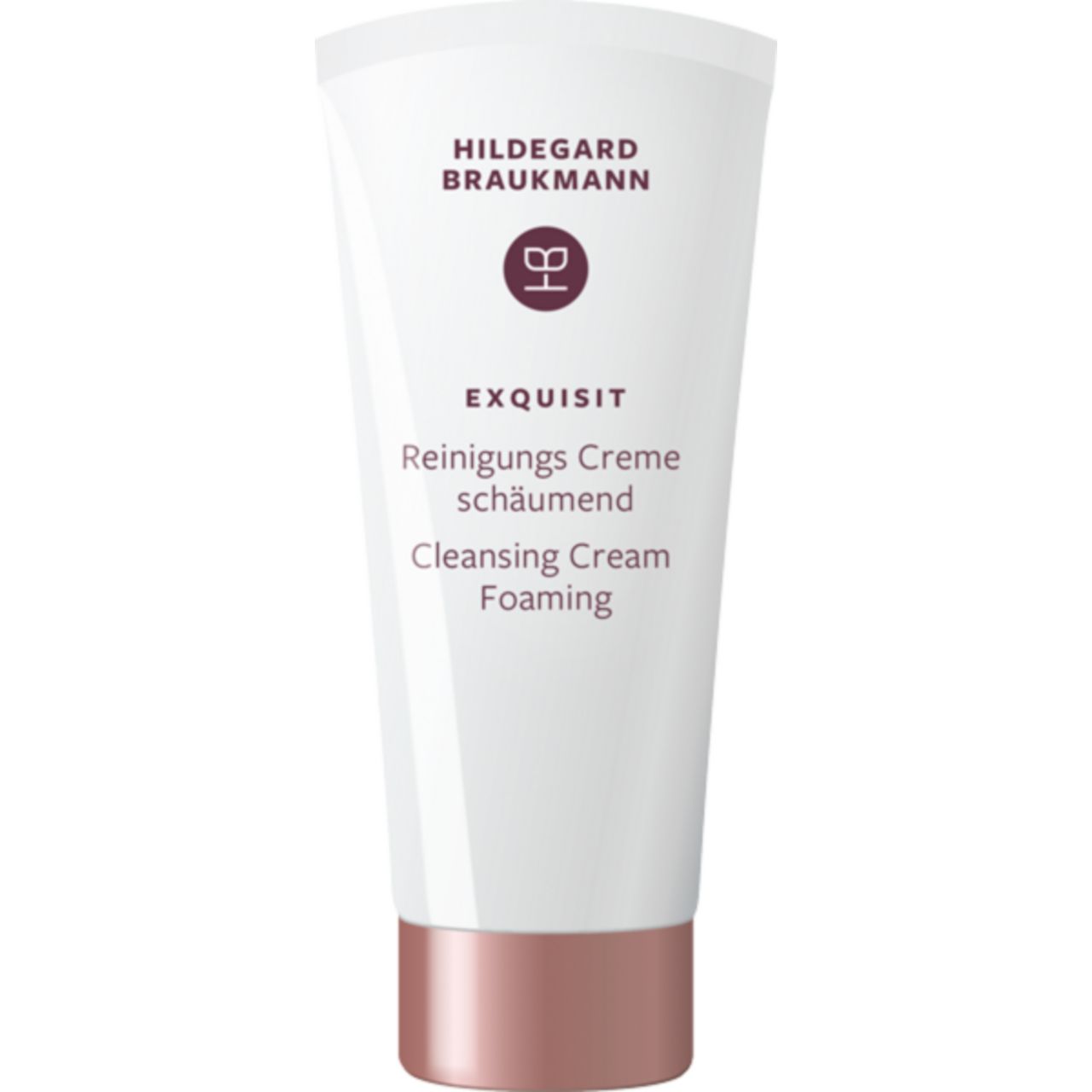 Weisse Tube mit rosafarbenem Verschluss. Text: Hildegard Braukmann, Exquisit Reinigungs Creme schäumend, Cleansing Cream Foaming.