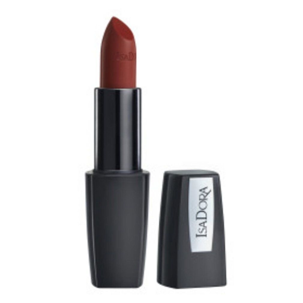 IsaDora Perfect Matt Lipstick, mattes Rotbraun, schwarzer Stift, Kappe daneben.