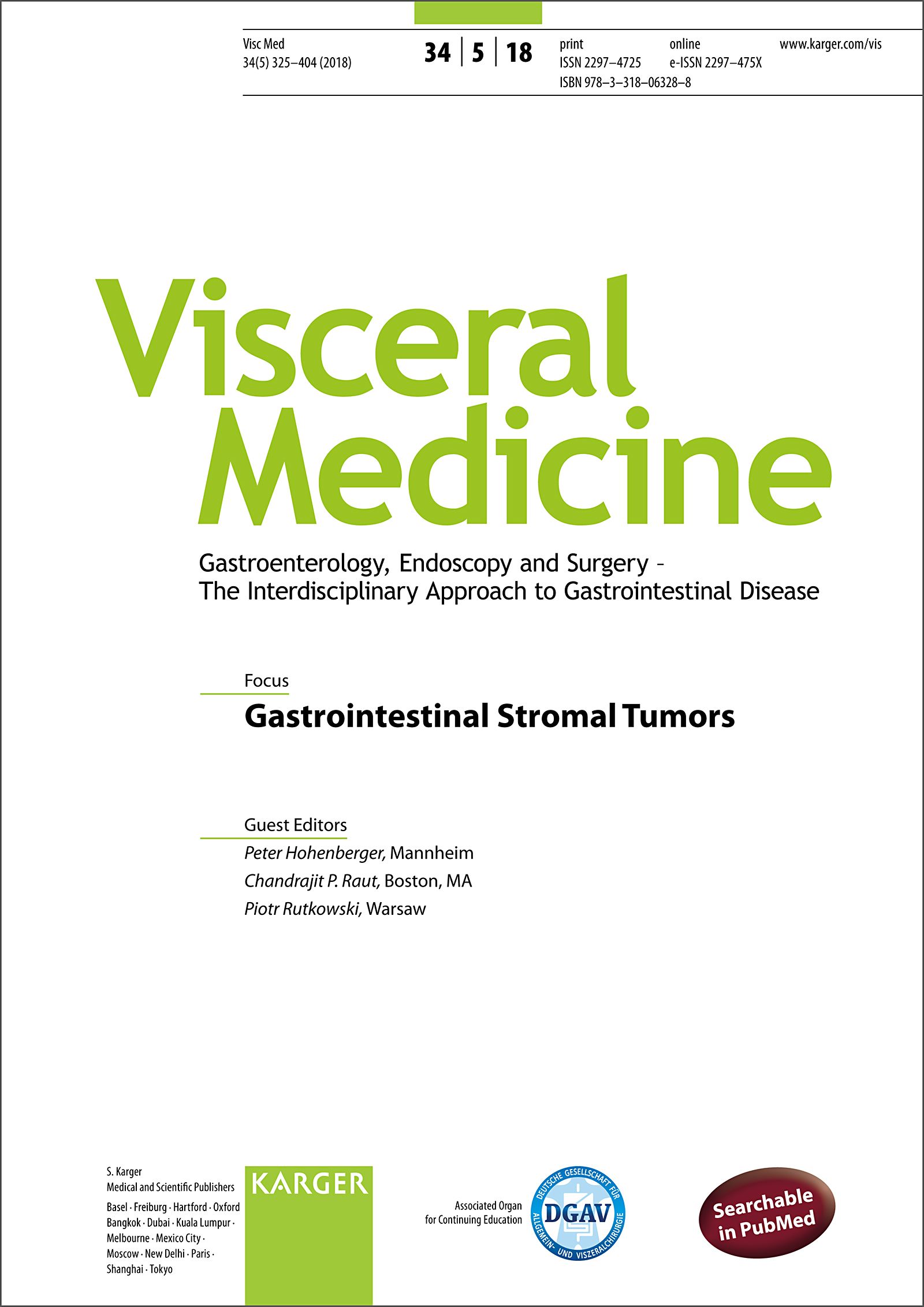 Titelblatt der Zeitschrift Visceral Medicine. Fokus: Gastrointestinale Stromatumoren. Herausgeber: Peter Hohenberger, Chandrajit P. Raut, Piotr Rutkowski.